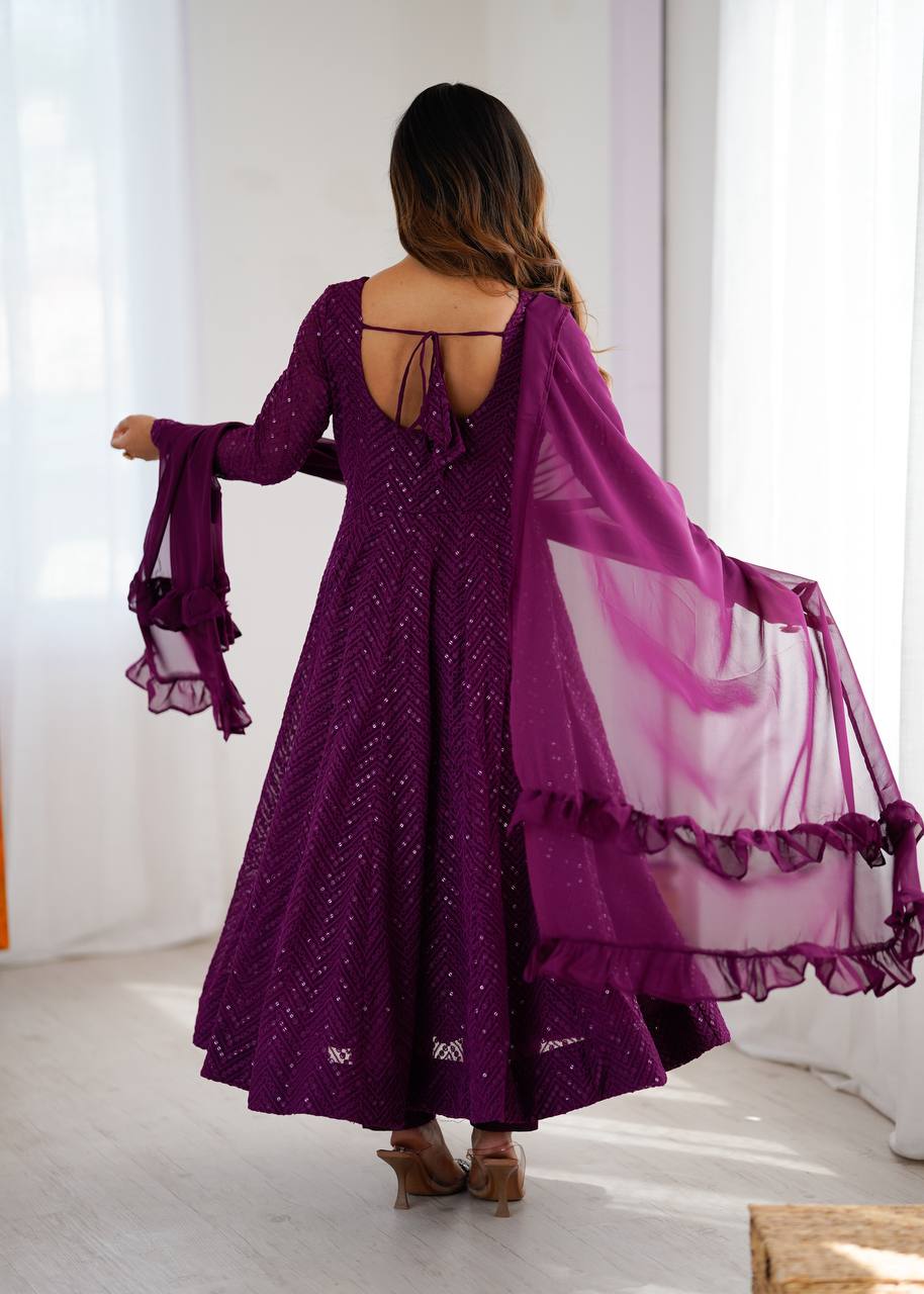 Plum Purple Sequined Georgette Anarkali Suit Set with Dupatta