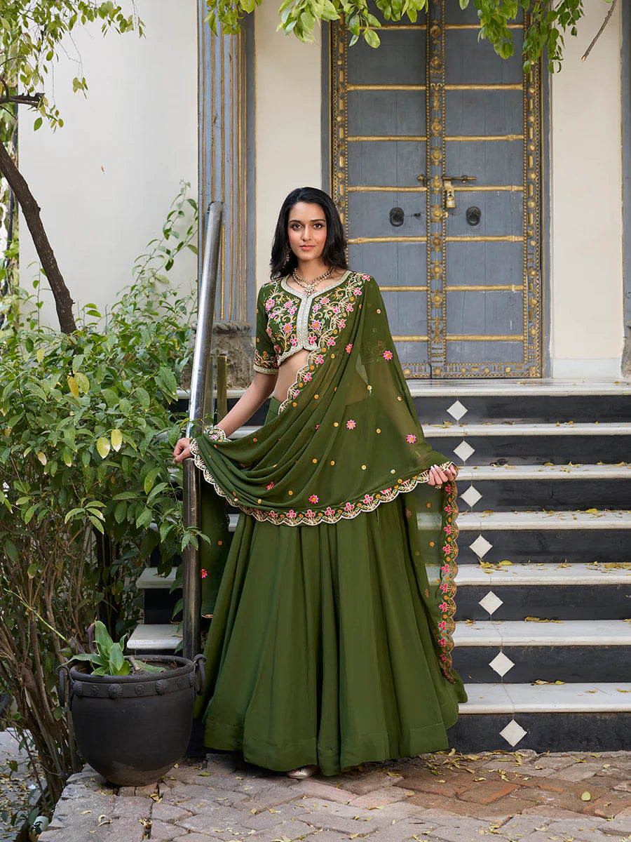 Mehendi Color Plain With Sequins And Thread Embroidery Work Georgette Lehenga Choli
