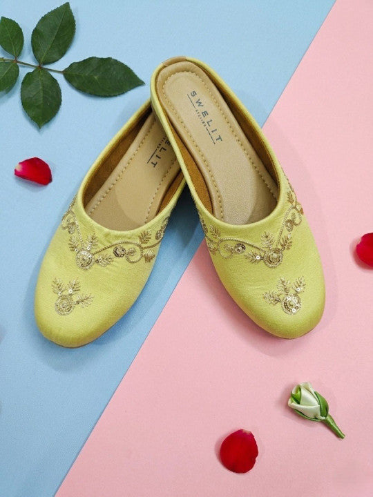 Traditional Yellow Embroidered Flat Mules for Women