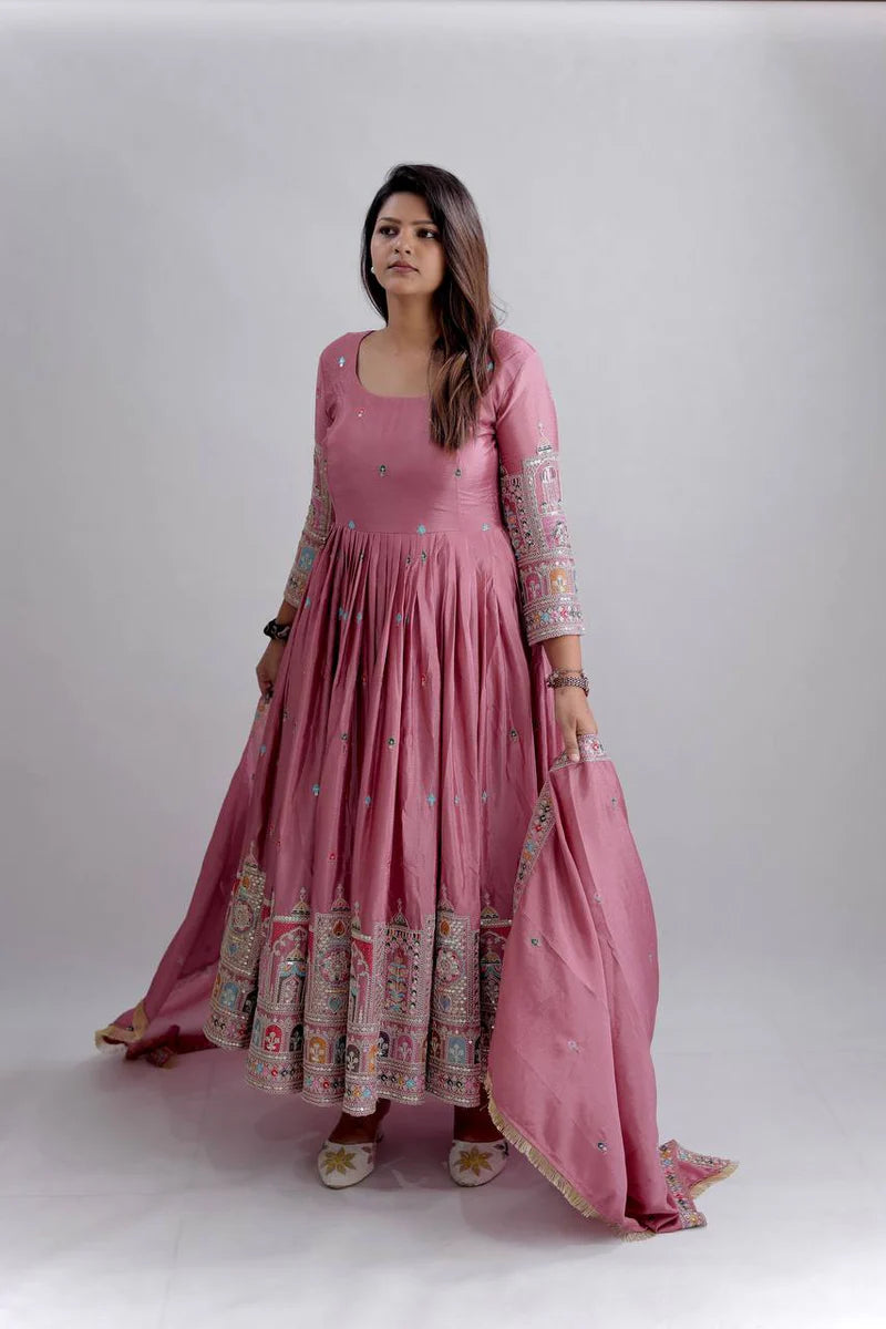 Rose Pink Embroidered Anarkali Suit Set with Dupatta