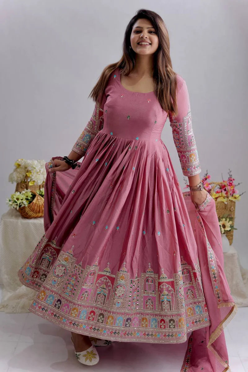 Rose Pink Embroidered Anarkali Suit Set with Dupatta