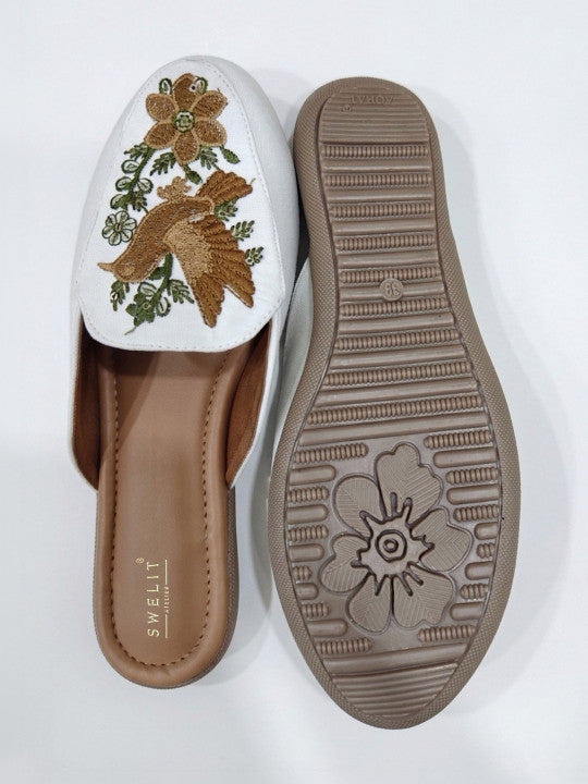 Brown Bird Embroidered Ethnic Mule Flats for Women