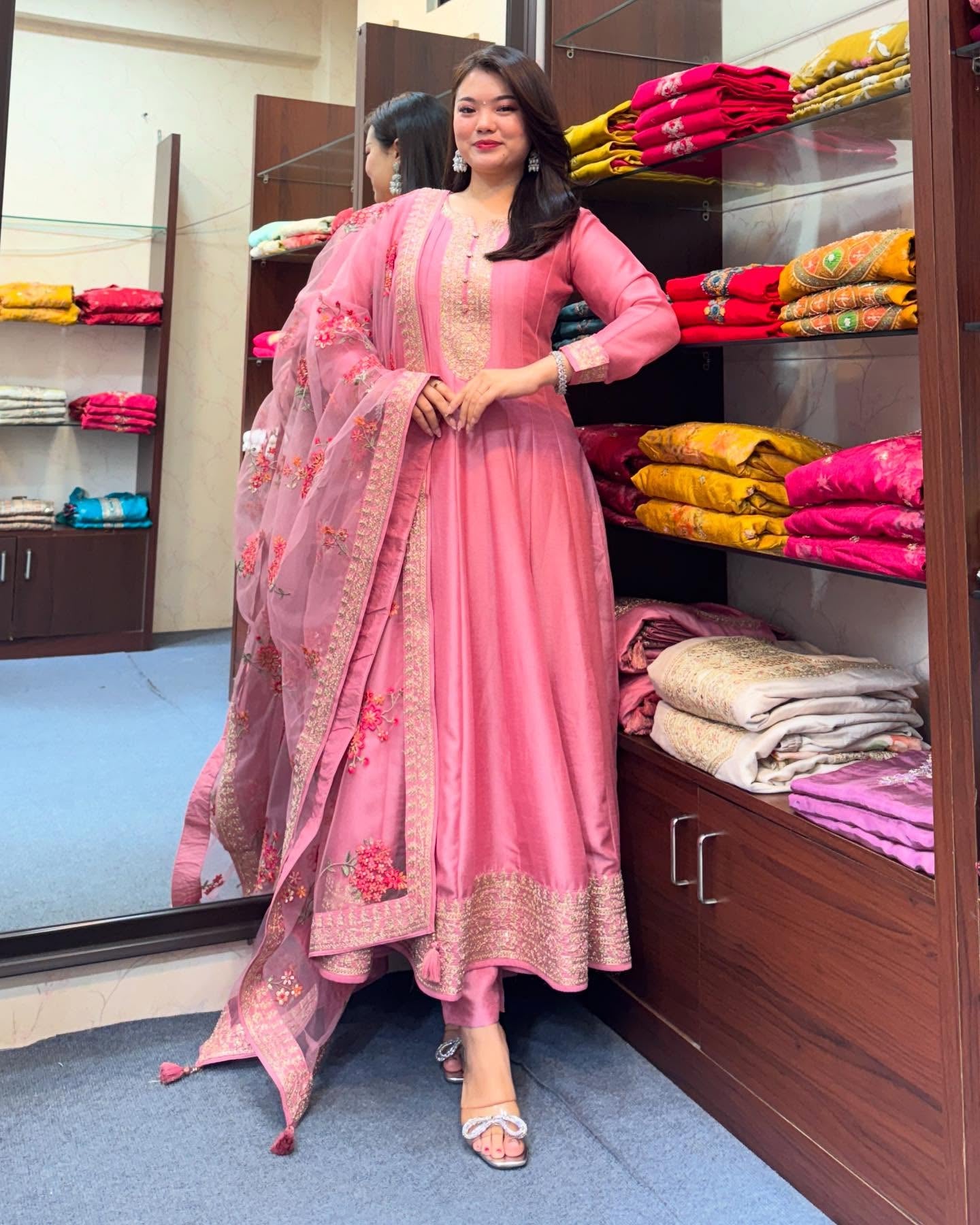 Pink Embroidered Anarkali Suit Set with Floral Net Dupatta