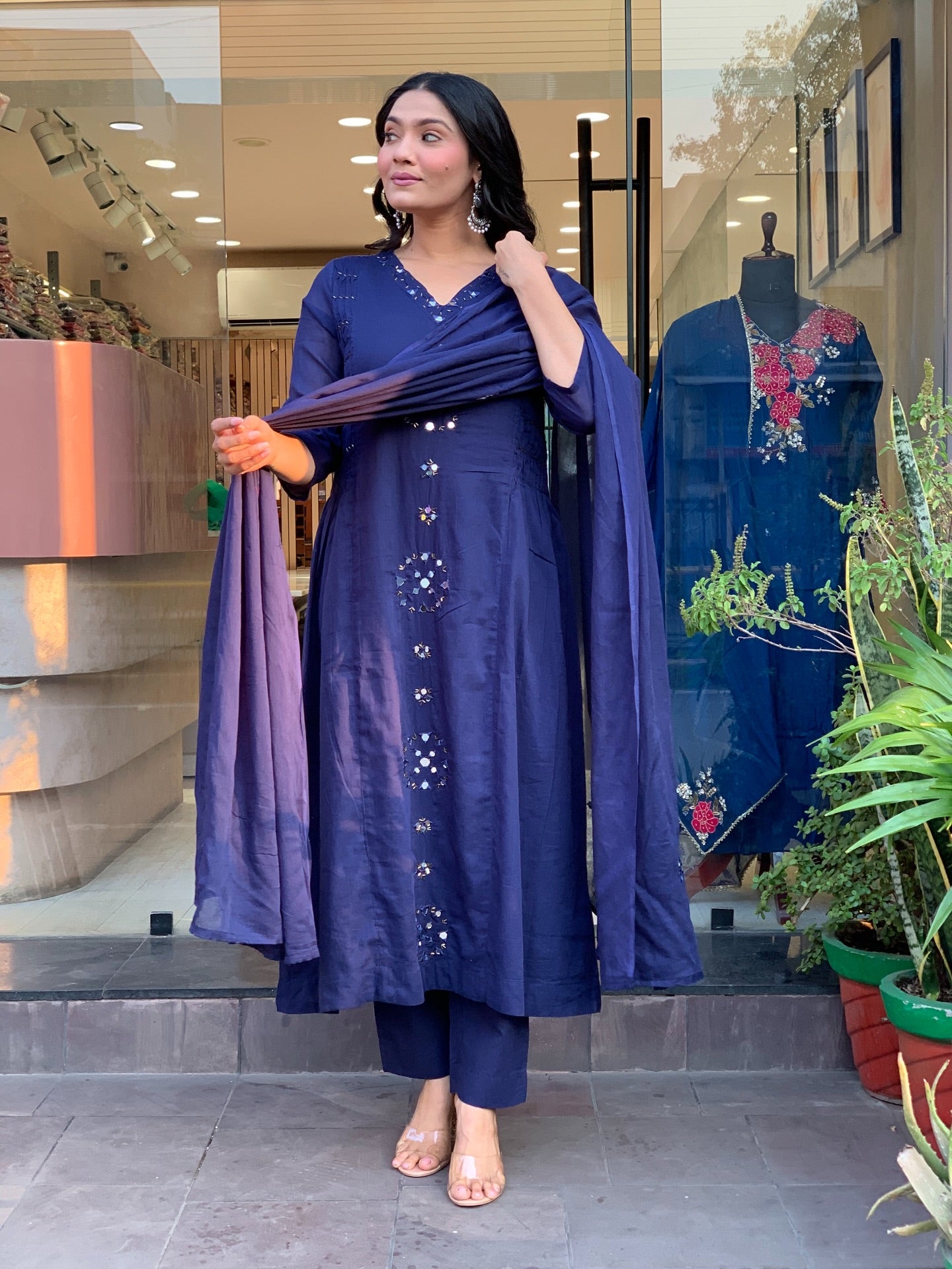 Navy Blue Mirror-Work Straight Kurta Set with Dupatta