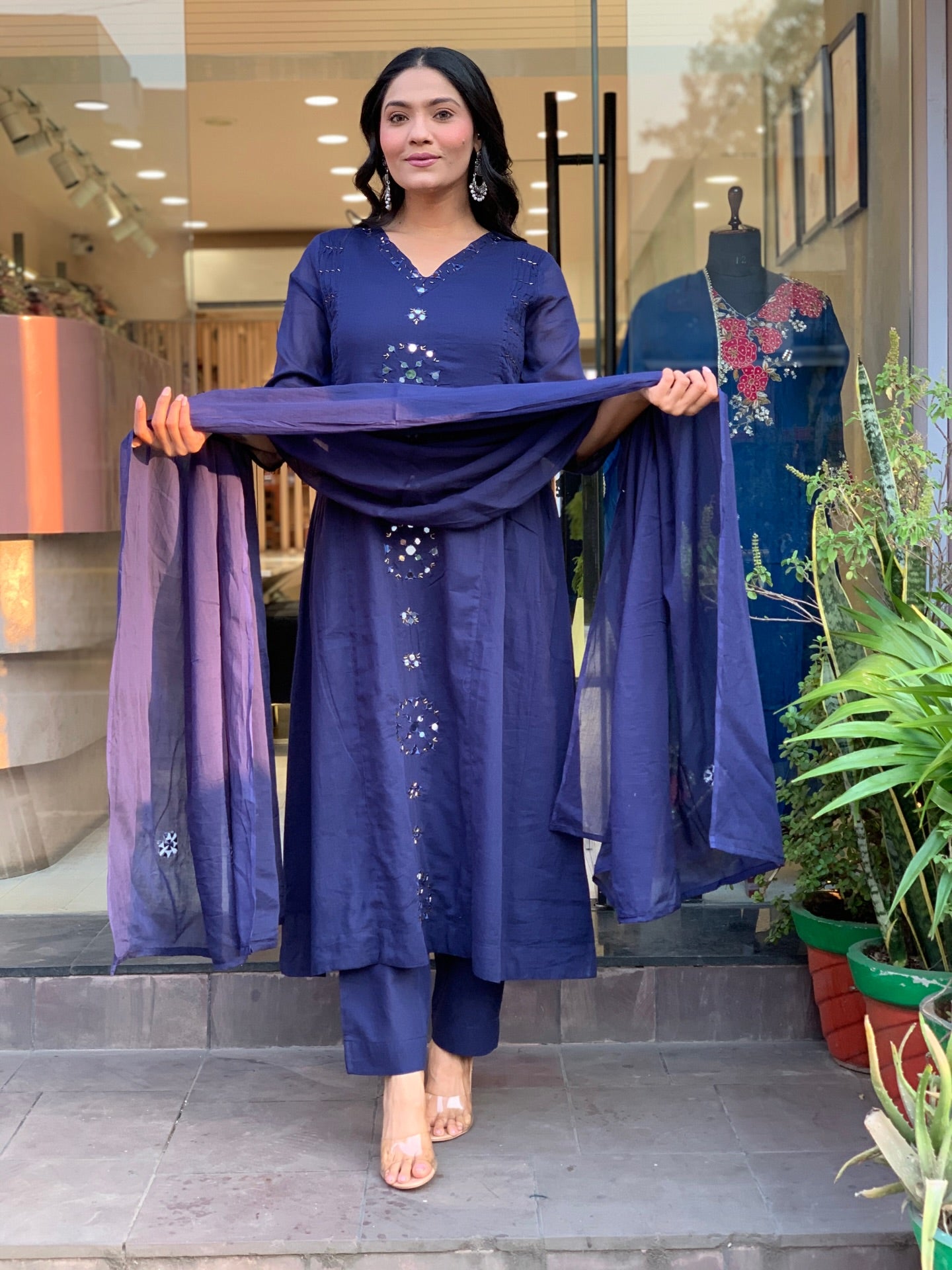 Navy Blue Mirror-Work Straight Kurta Set with Dupatta