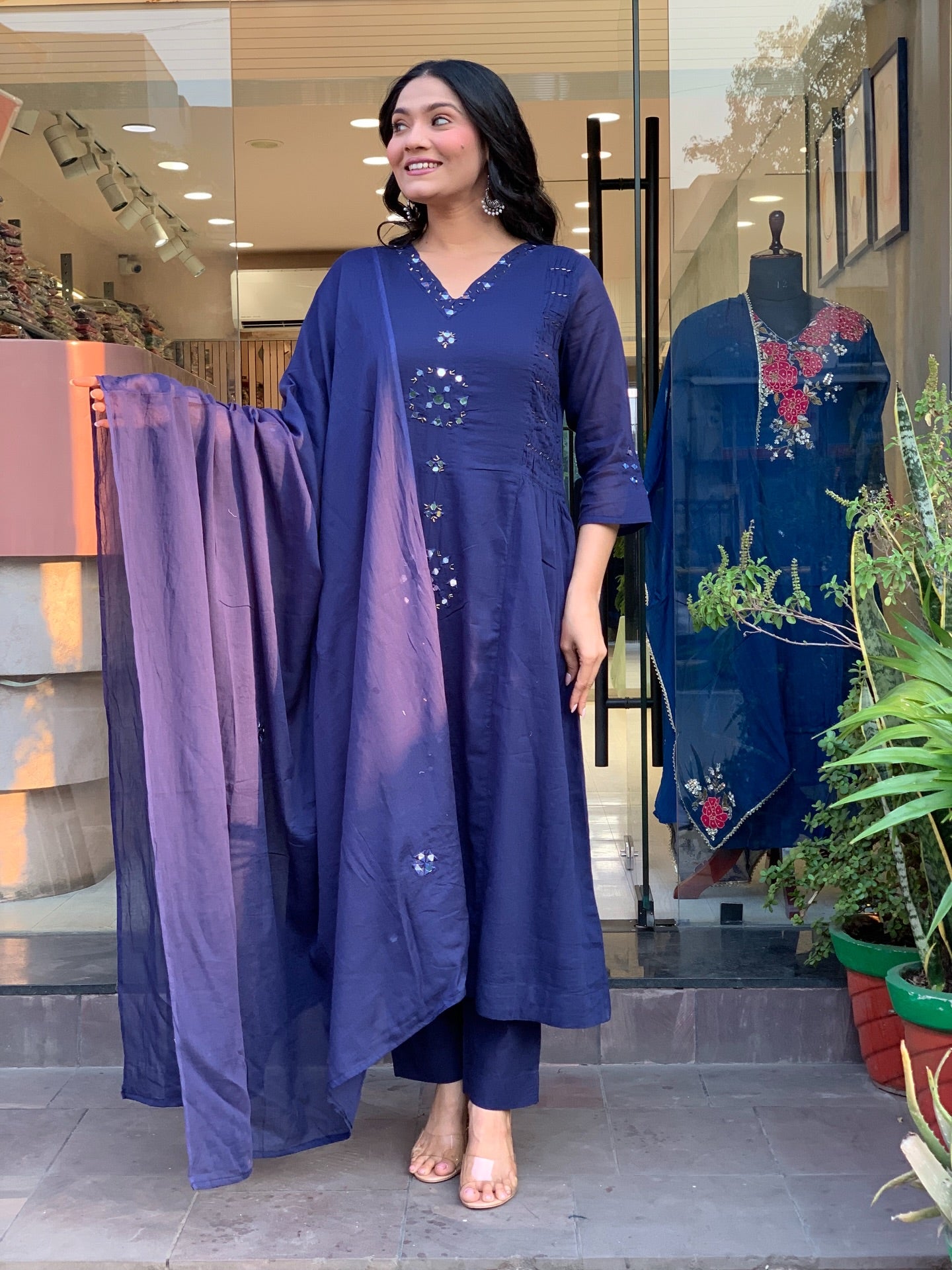Navy Blue Mirror-Work Straight Kurta Set with Dupatta