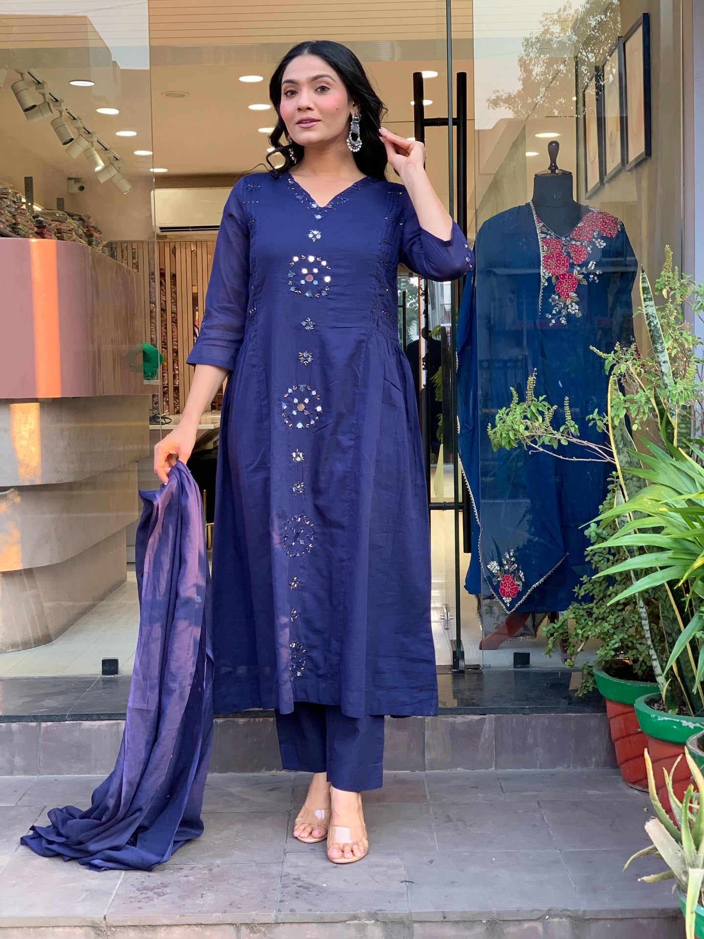 Navy Blue Mirror-Work Straight Kurta Set with Dupatta