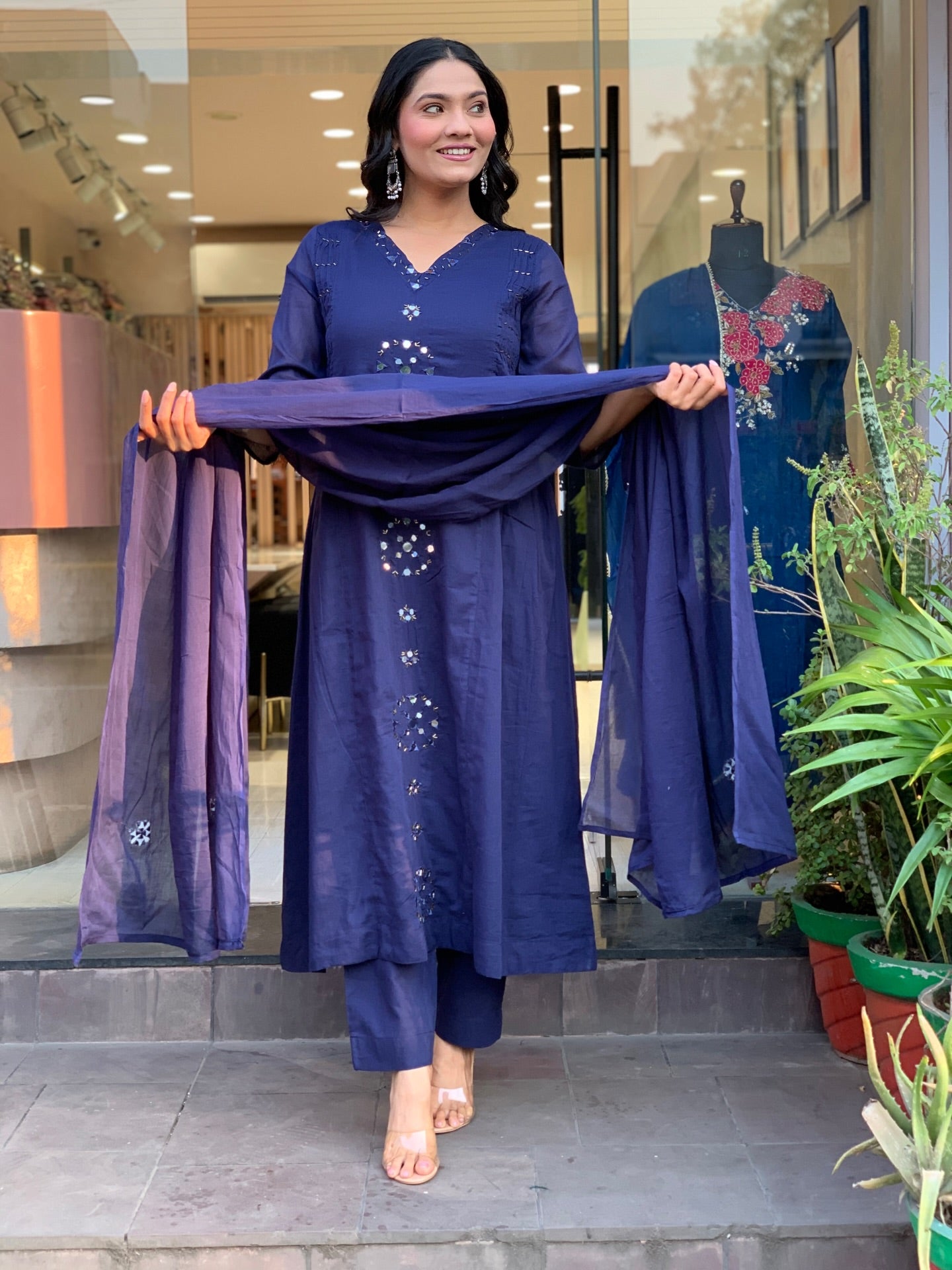 Navy Blue Mirror-Work Straight Kurta Set with Dupatta