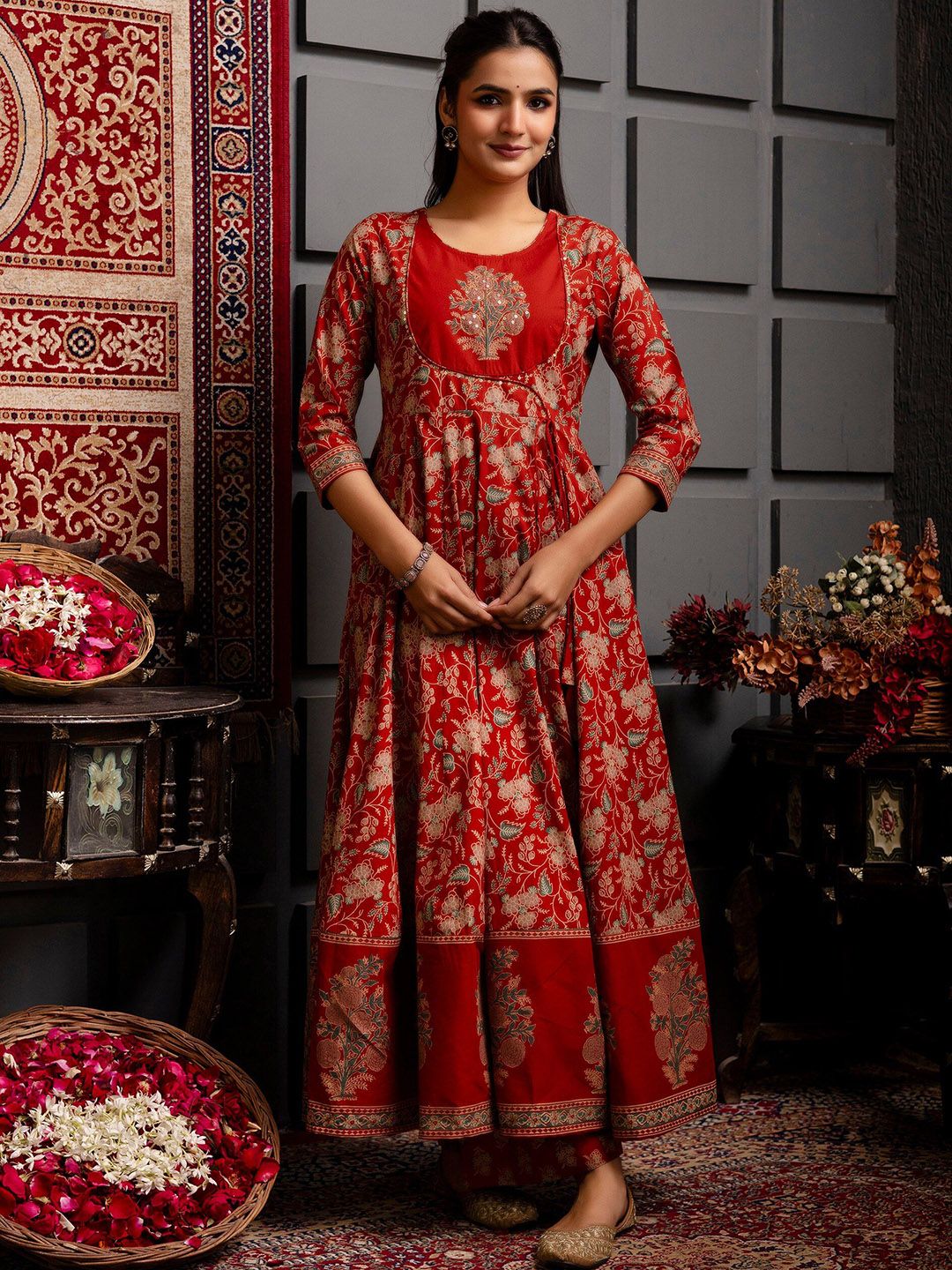 Deep Red Printed Anarkali Kurta Set with Dupatta – Festive & Wedding Wear Ensemble
