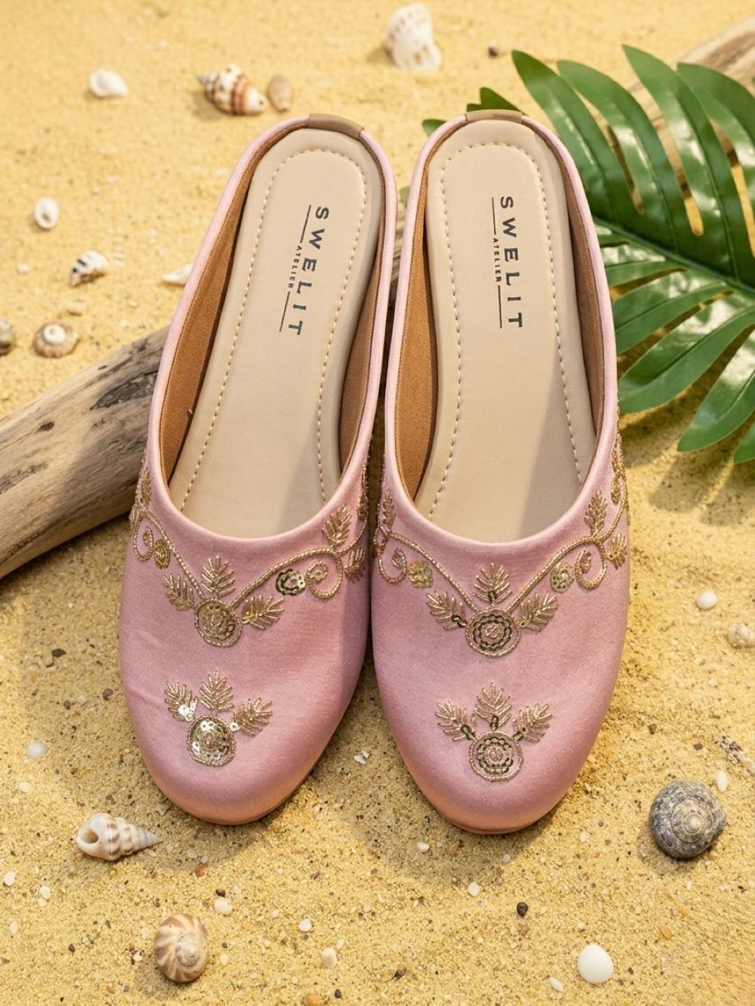 Traditional Pink Embroidered Flat Mules for Women