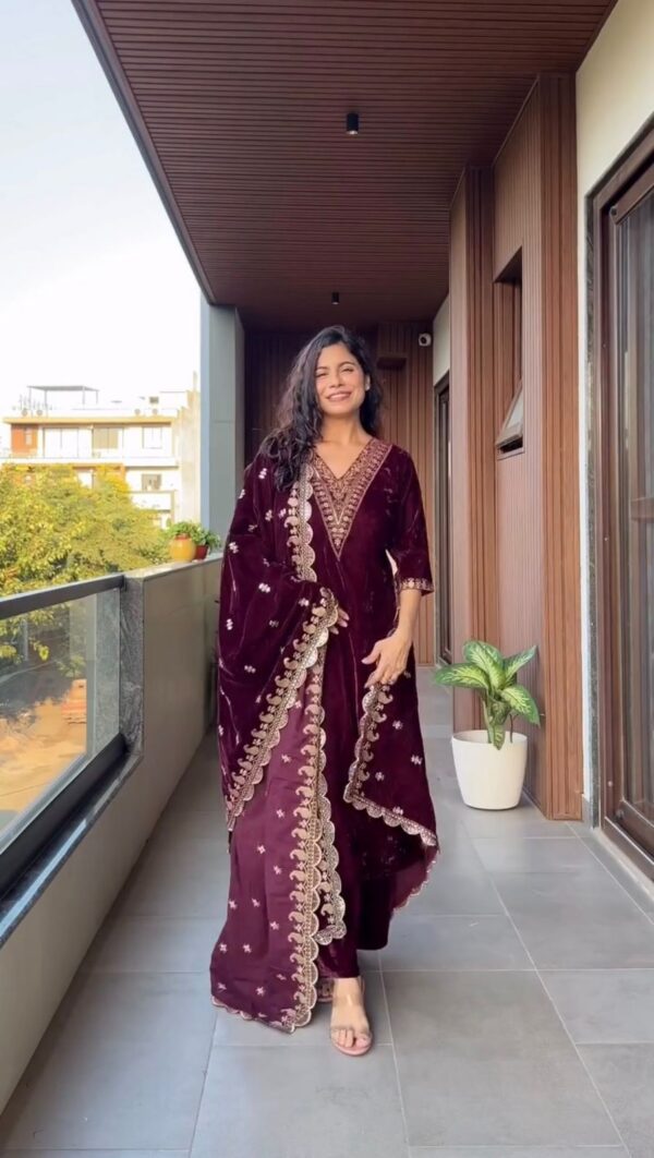 Wine Velvet Embroidered Kurta Set with Heavy Lace-Work Dupatta