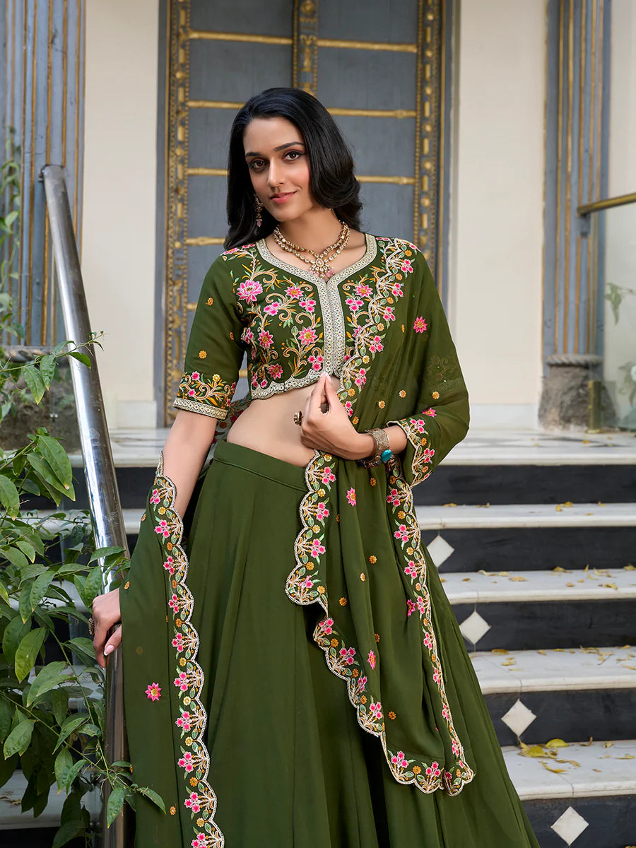Mehendi Color Plain With Sequins And Thread Embroidery Work Georgette Lehenga Choli