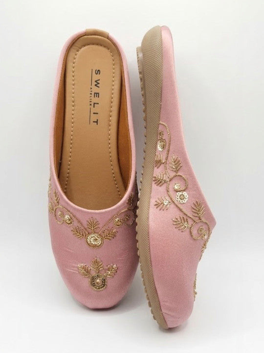 Traditional Pink Embroidered Flat Mules for Women