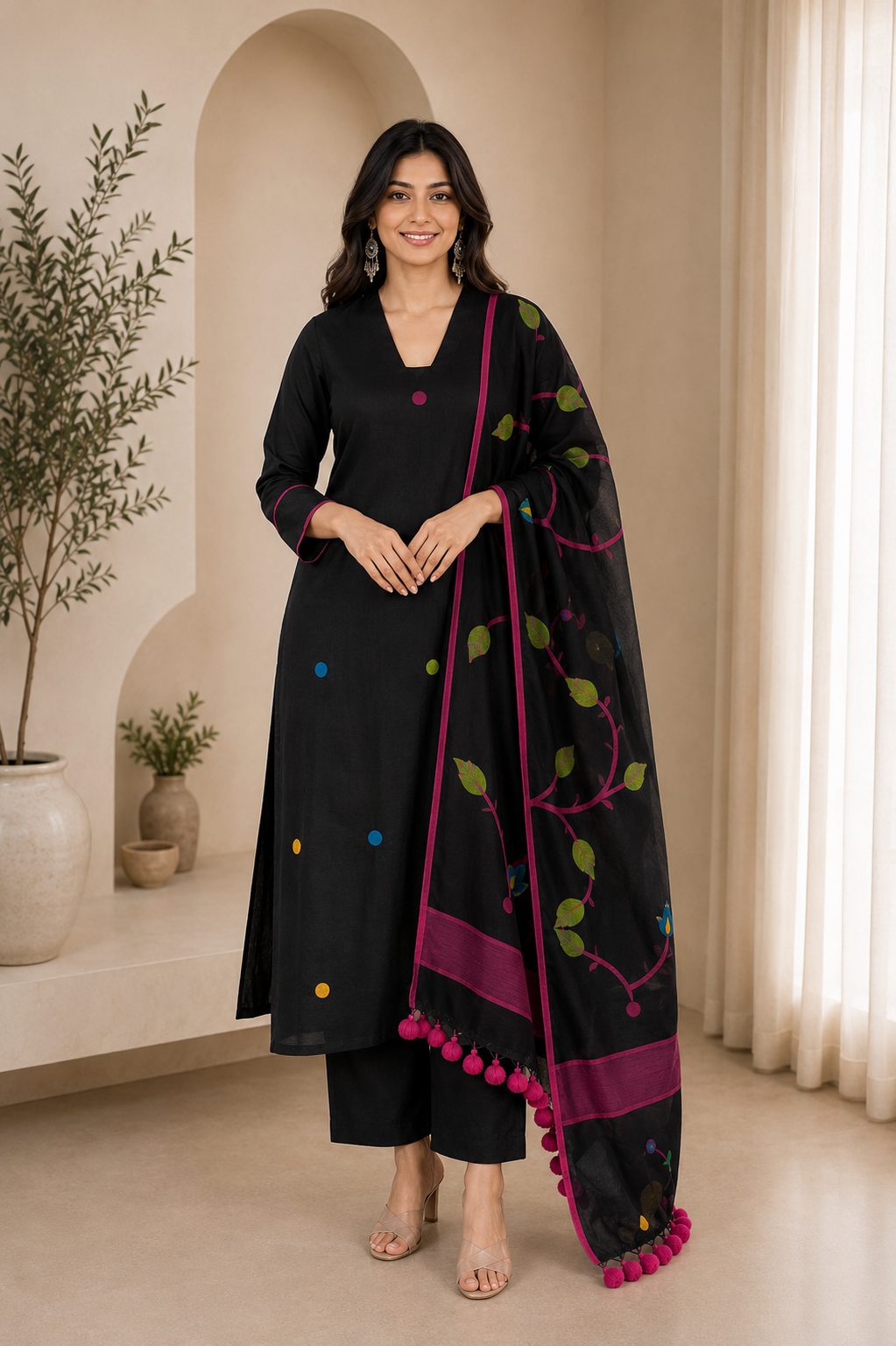 Black Printed Kurta Pant Set with Designer Dupatta