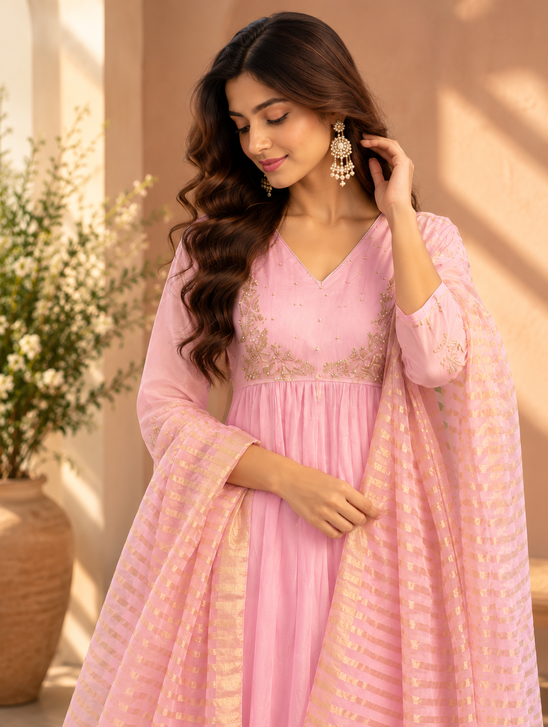 Blush Pink Embroidered Anarkali Suit Set with Matching Pant & Striped Dupatta