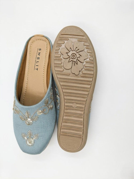 Traditional Sky Embroidered Flat Mules for Women