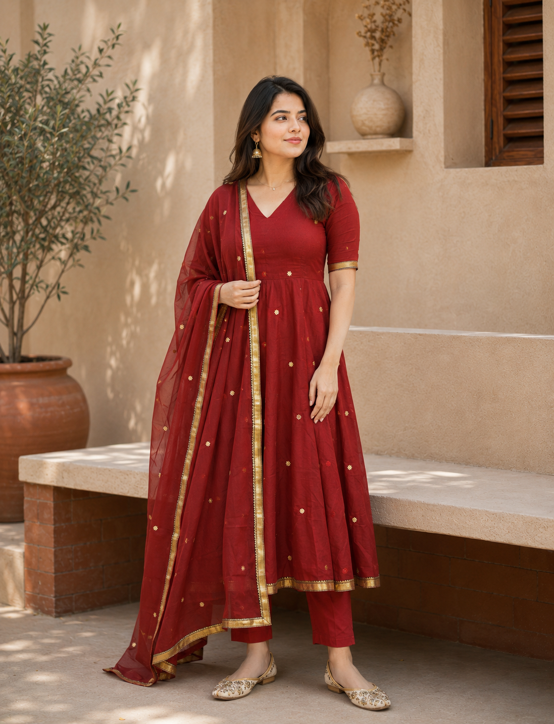 Premium Maroon Gold Embroidered Anarkali Suit Set with Dupatta for Women
