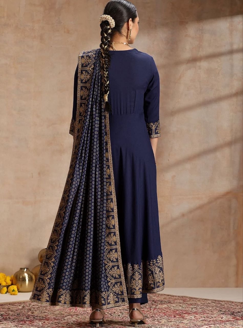 Women’s Navy Blue Printed Anarkali Suit Set with Designer Dupatta