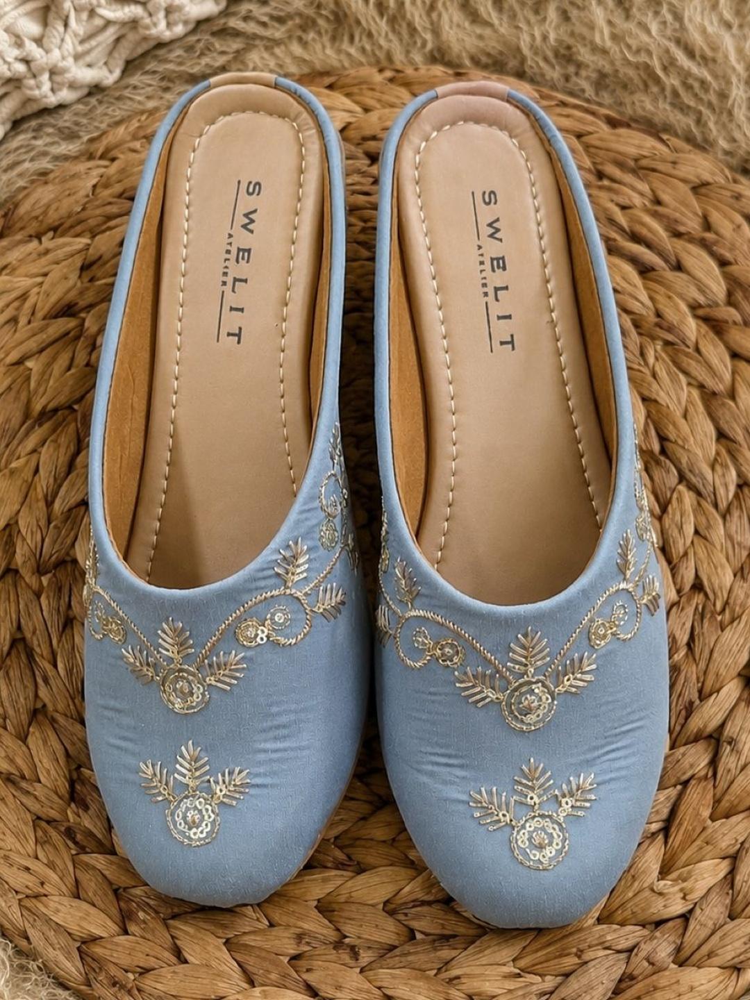 Traditional Sky Embroidered Flat Mules for Women