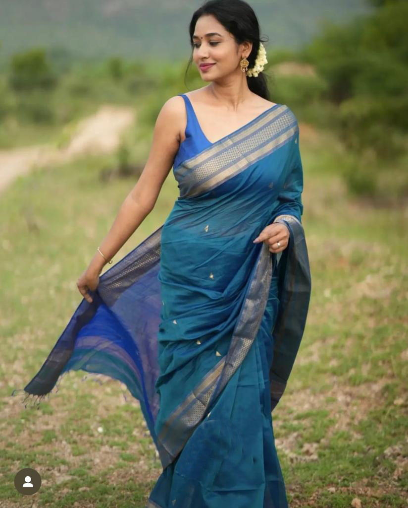 Teal Blue Kanjivaram Silk Saree with Royal Blue Zari Border