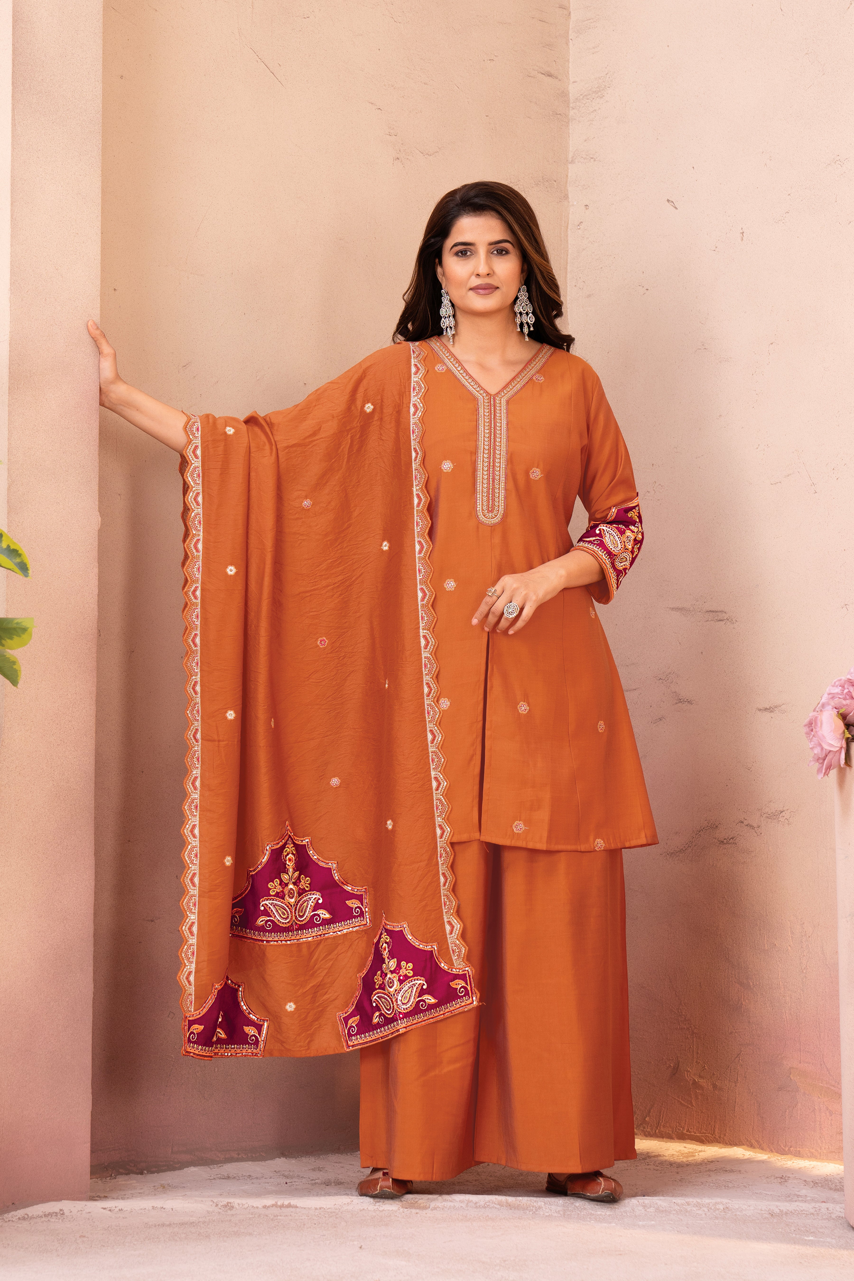 Rust Orange Embroidered Viscose Suit Set with Printed Dupatta
