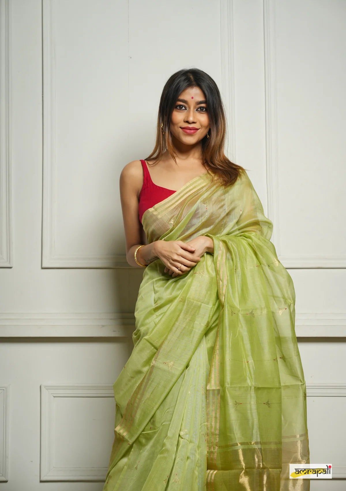 Women's Mint Green Organza Saree with Golden Border