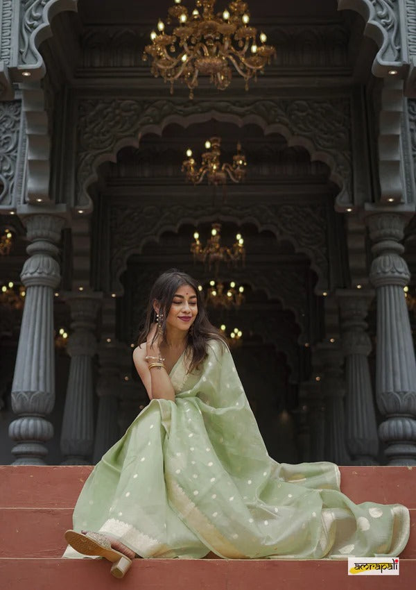 Women's  Light Green Silk Saree with Golden Zari Border