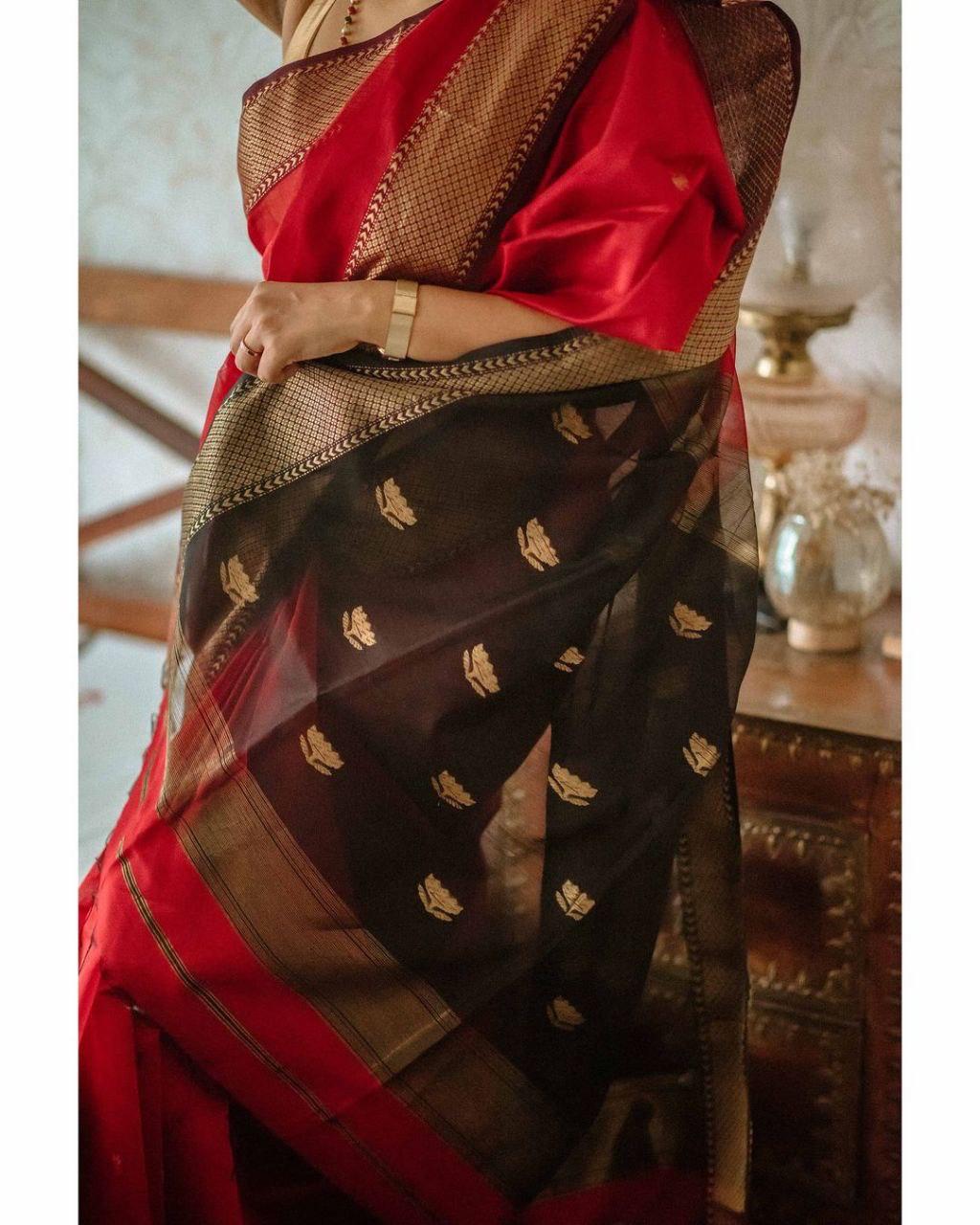 Women's Ruby Red Silk Saree with Golden Zari Border