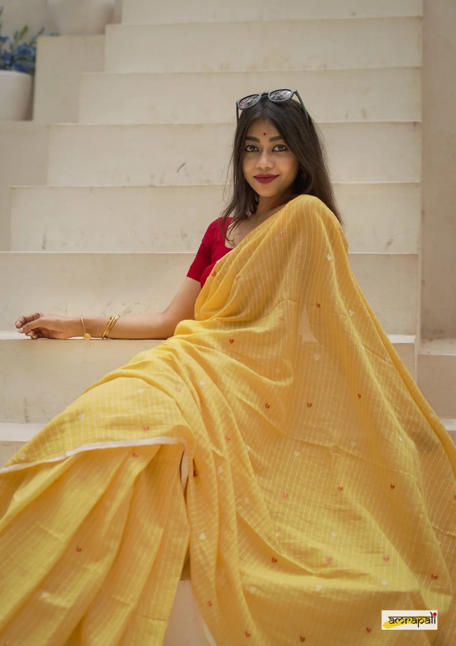 Women's Elegant Yellow Striped Saree with Contrast Red Blouse