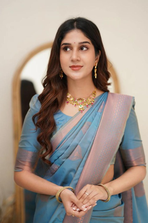 Women's Blue Silk Blend Saree with Elegant Solid Weave & Designer Border