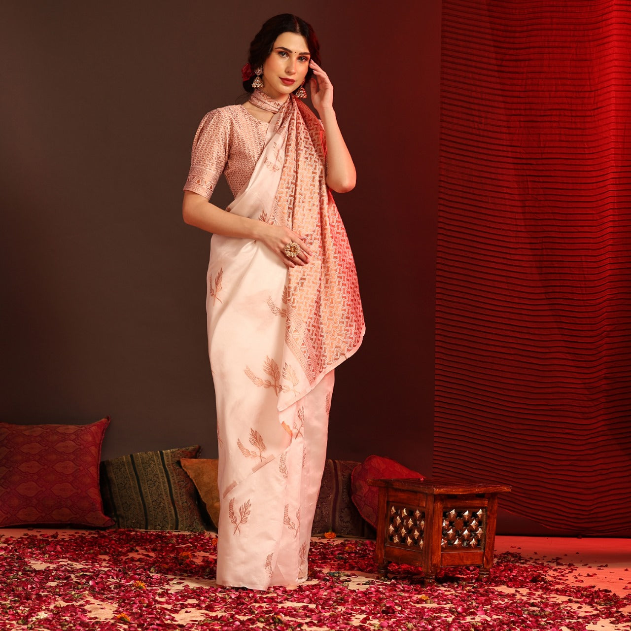 Elegant Off-White Floral Print Saree with Peach Woven Border