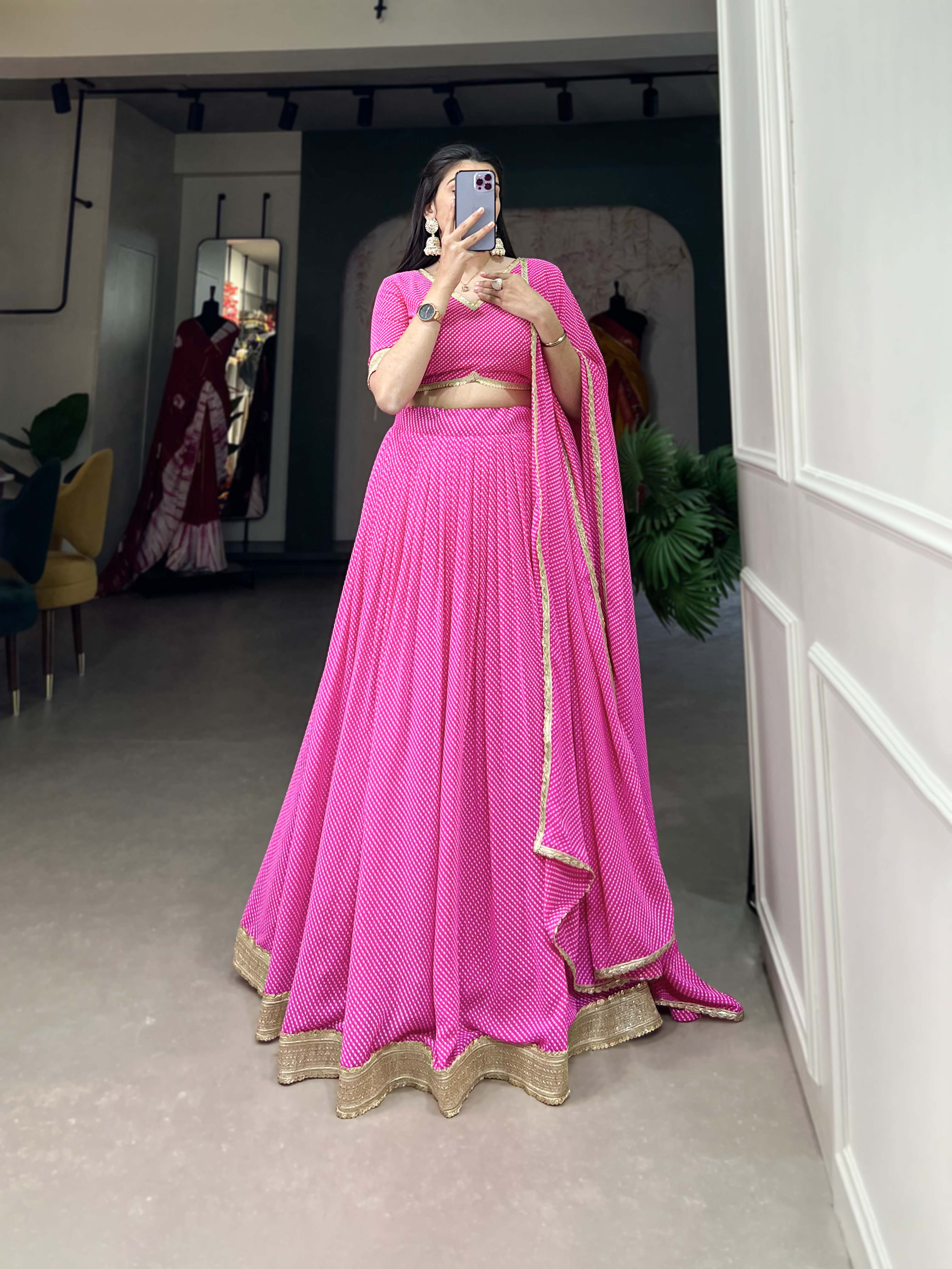 Pretty PINK Color Georgette Print With Lace Border Lehenga Choli