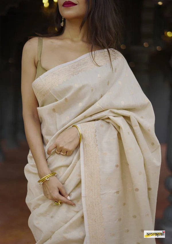 Women's Cream Silk Saree with Golden Zari Border