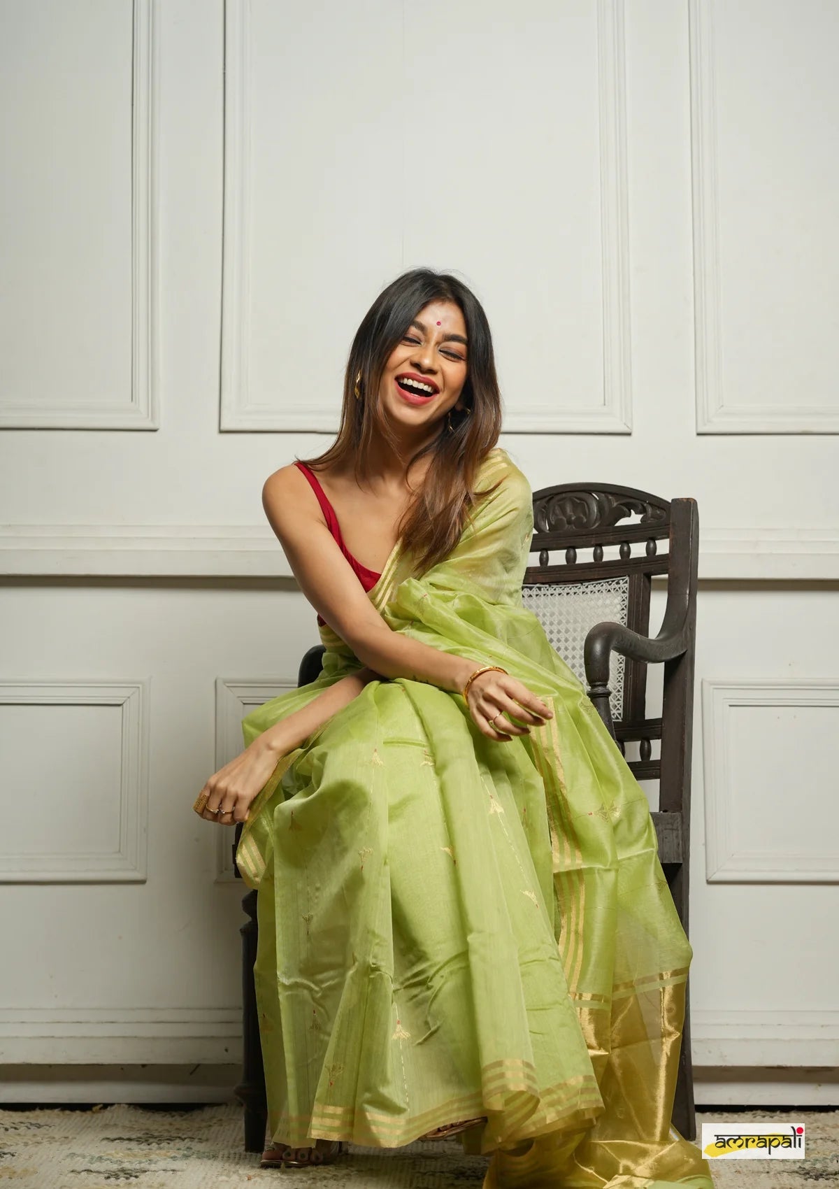 Women's Mint Green Organza Saree with Golden Border