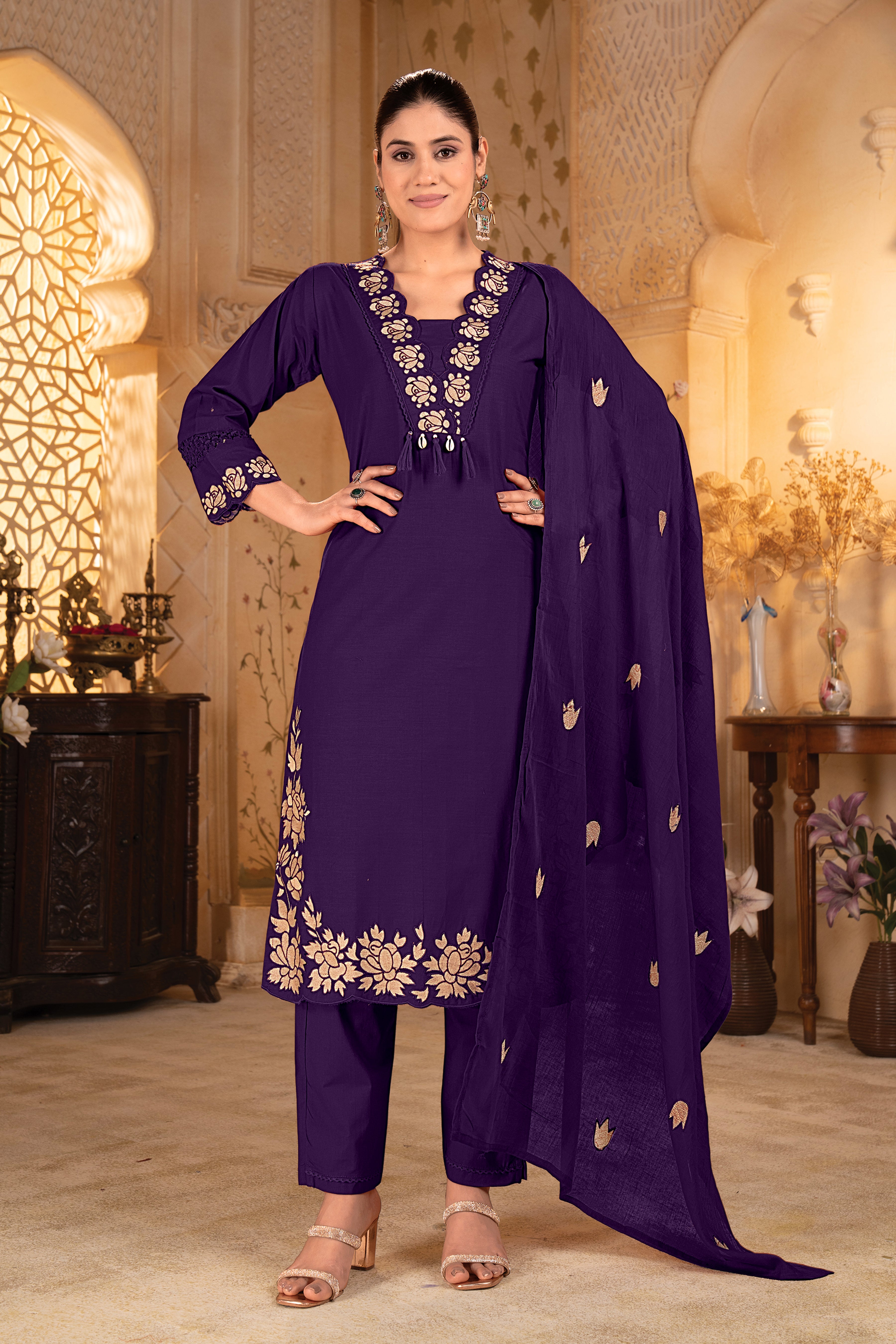 Purple Embroidered Straight Kurta Set with Matching Dupatta