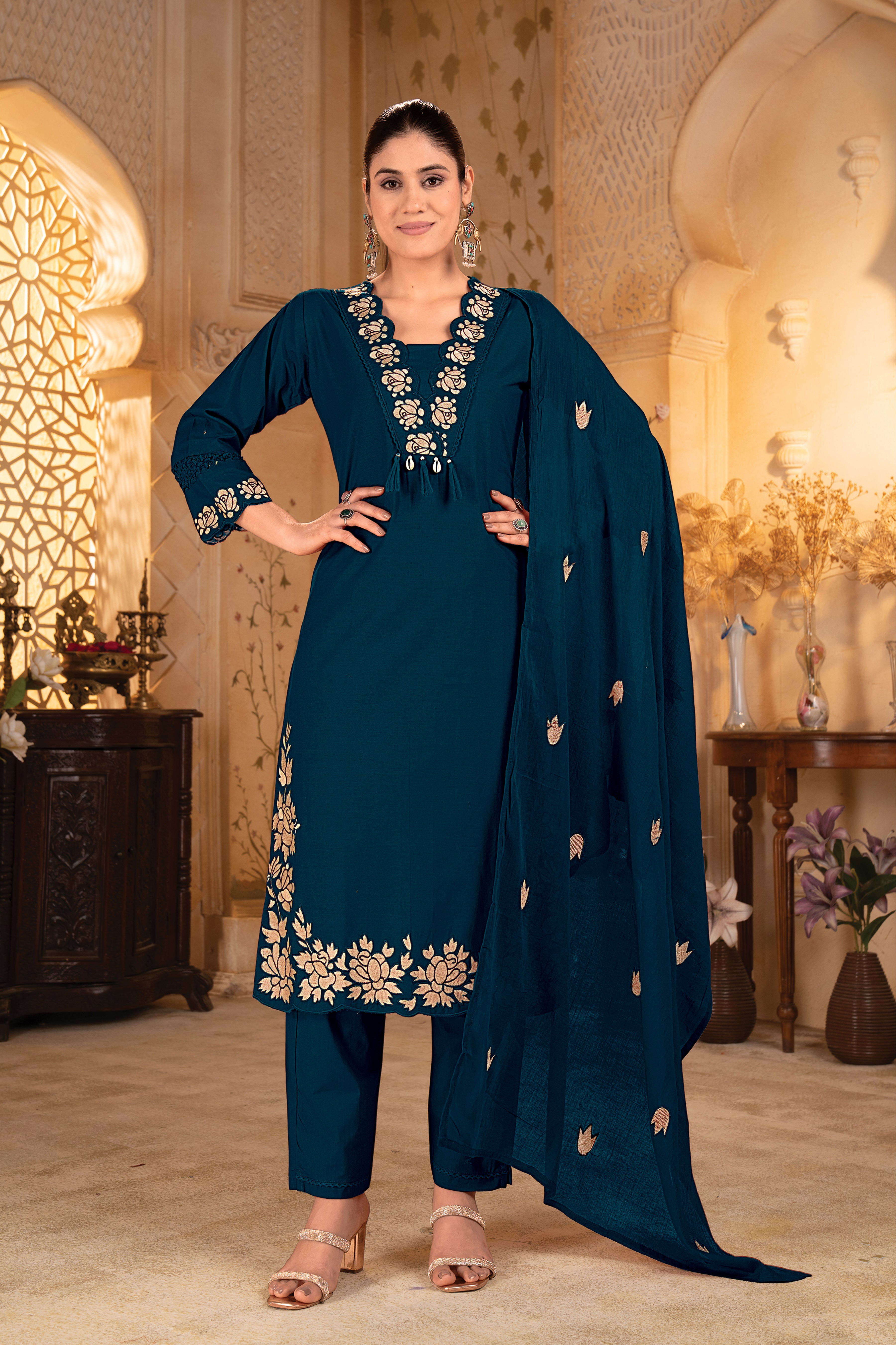 Teal Blue Embroidered Straight Kurta Set with Matching Dupatta