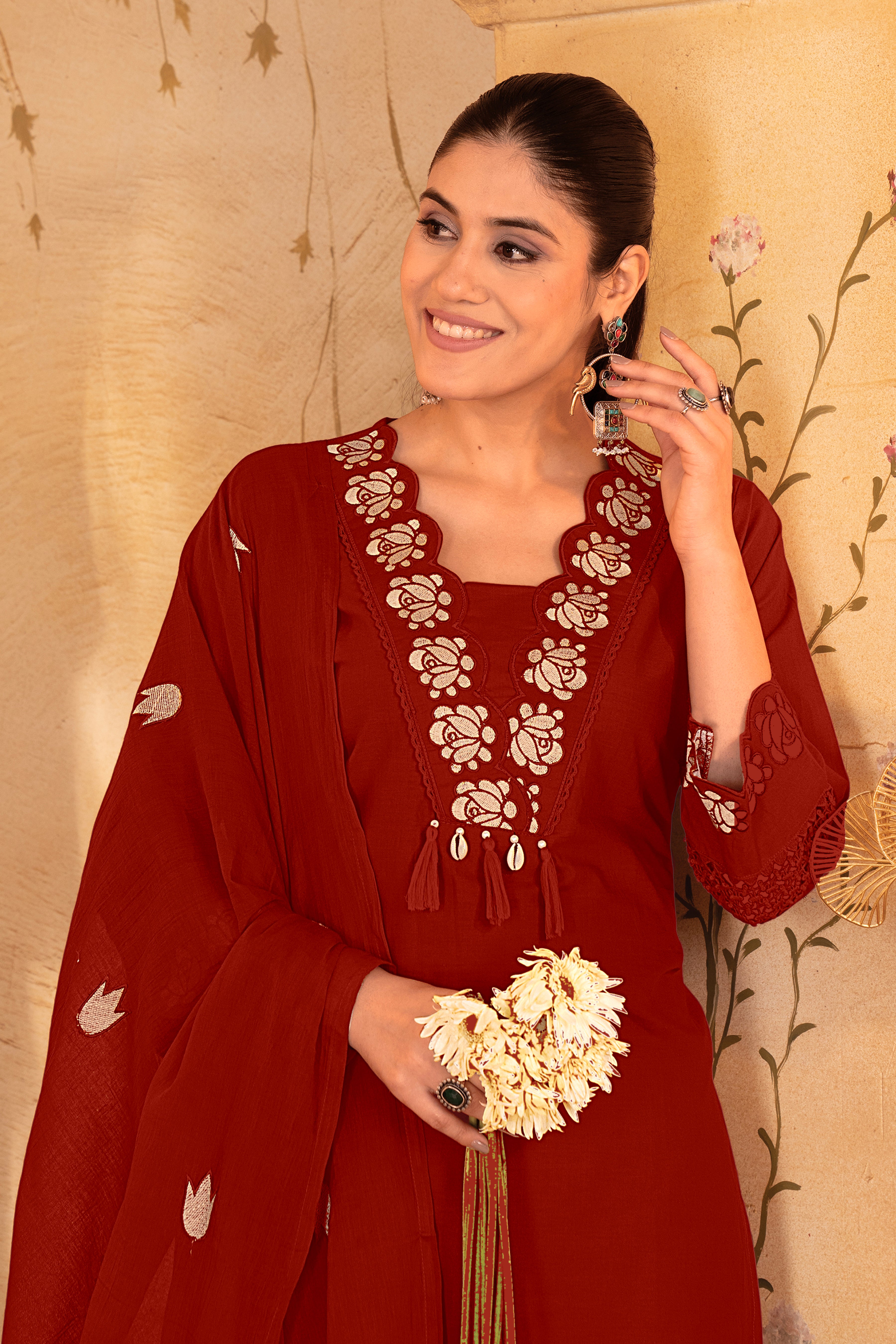 Red Embroidered Straight Kurta Set with Matching Dupatta