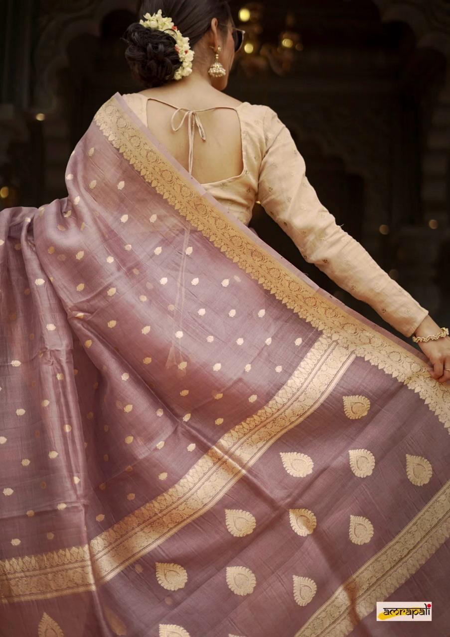 Women's Mauve Silk Saree with Golden Zari Border