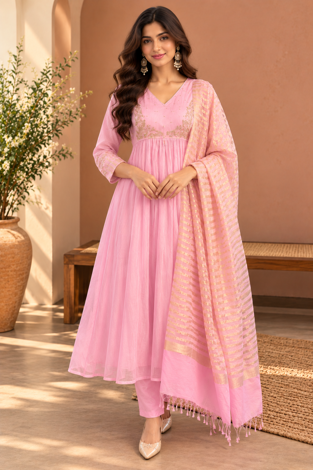 Blush Pink Embroidered Anarkali Suit Set with Matching Pant & Striped Dupatta