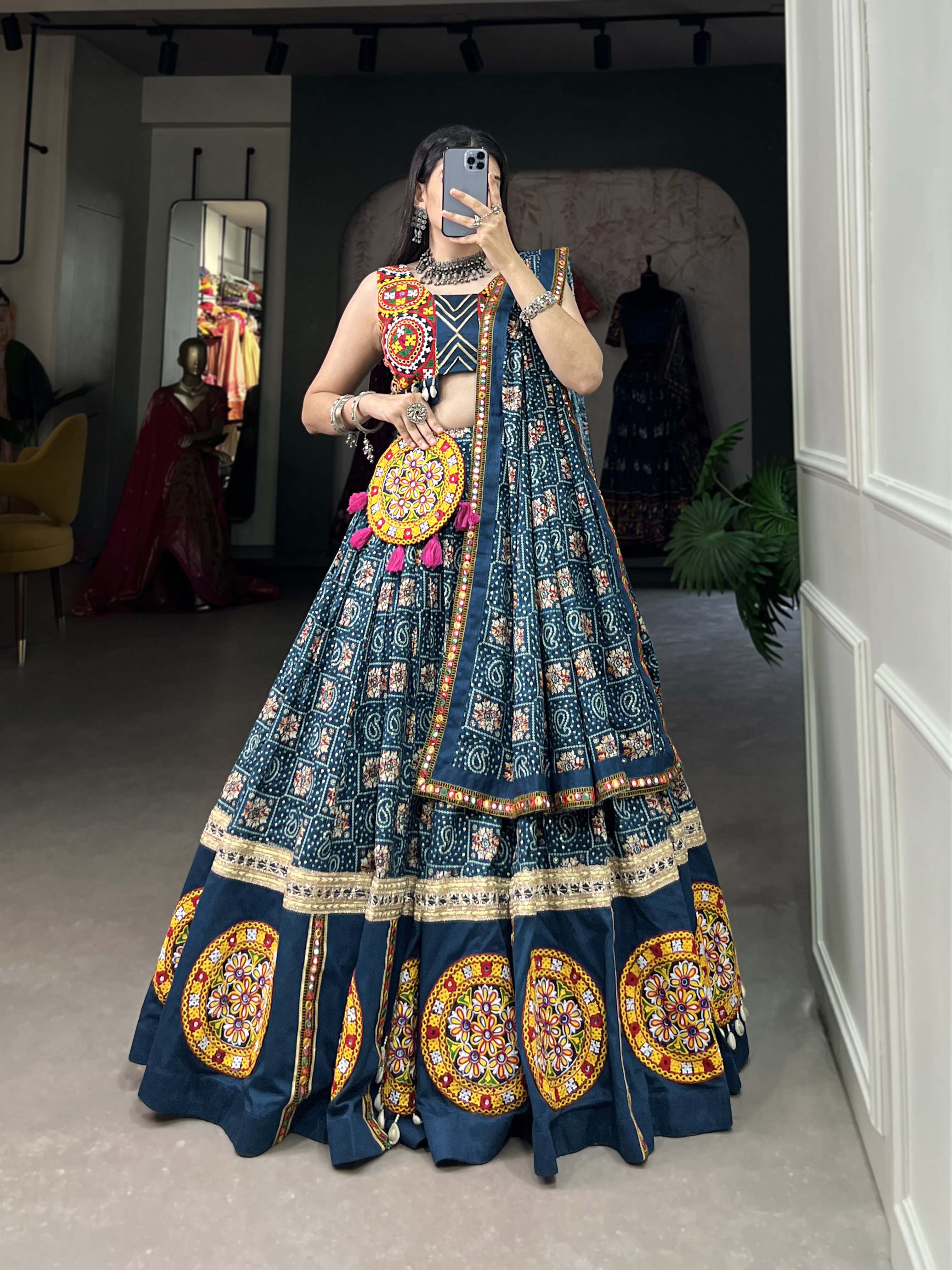 Breathtaking Blue Bandhani Printed Rayon Navratri Lehenga Choli