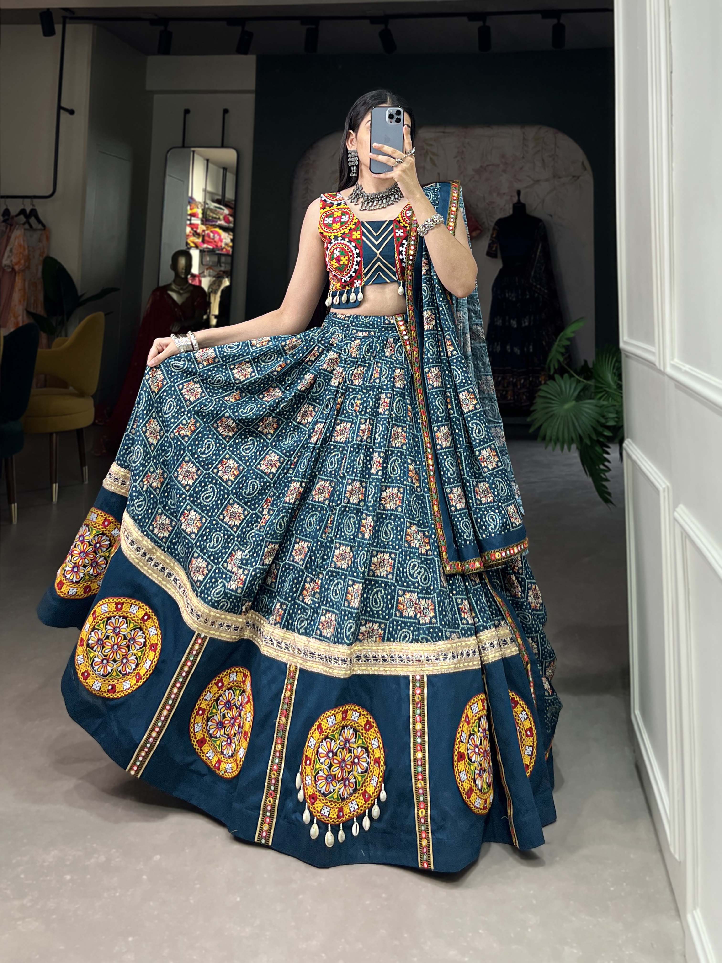 Breathtaking Blue Bandhani Printed Rayon Navratri Lehenga Choli