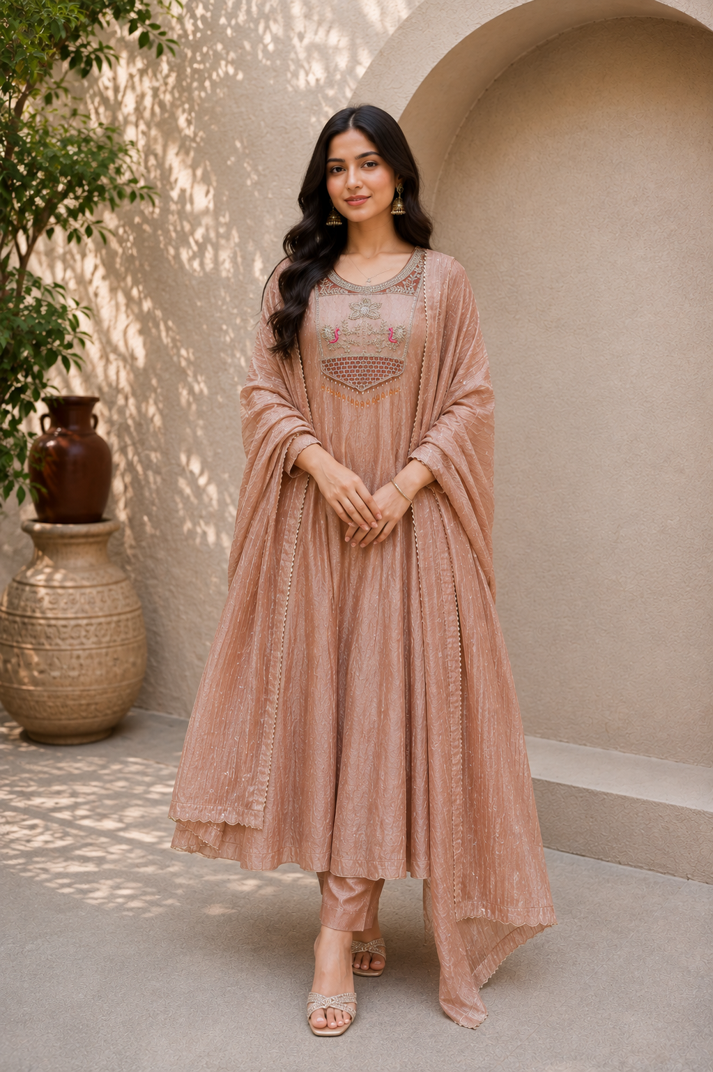 Premium Blush Pink Embroidered Salsa Anarkali Kurta Set with Dupatta