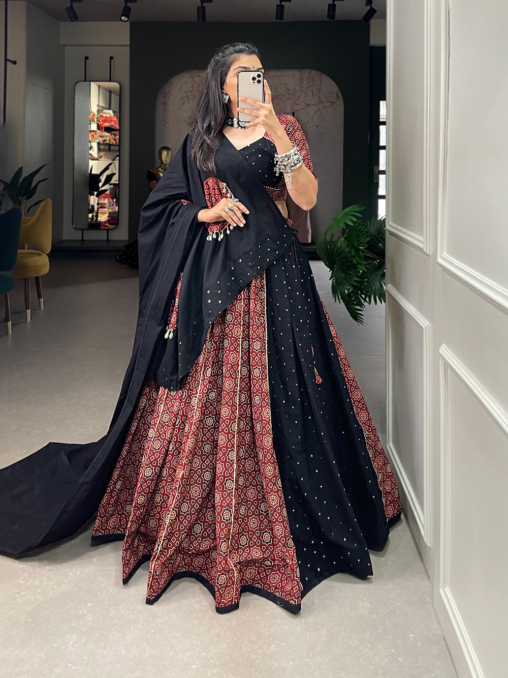 Black Color Pure Cotton With Printed With Gotta Patti Navratri Special Lehenga Choli Set