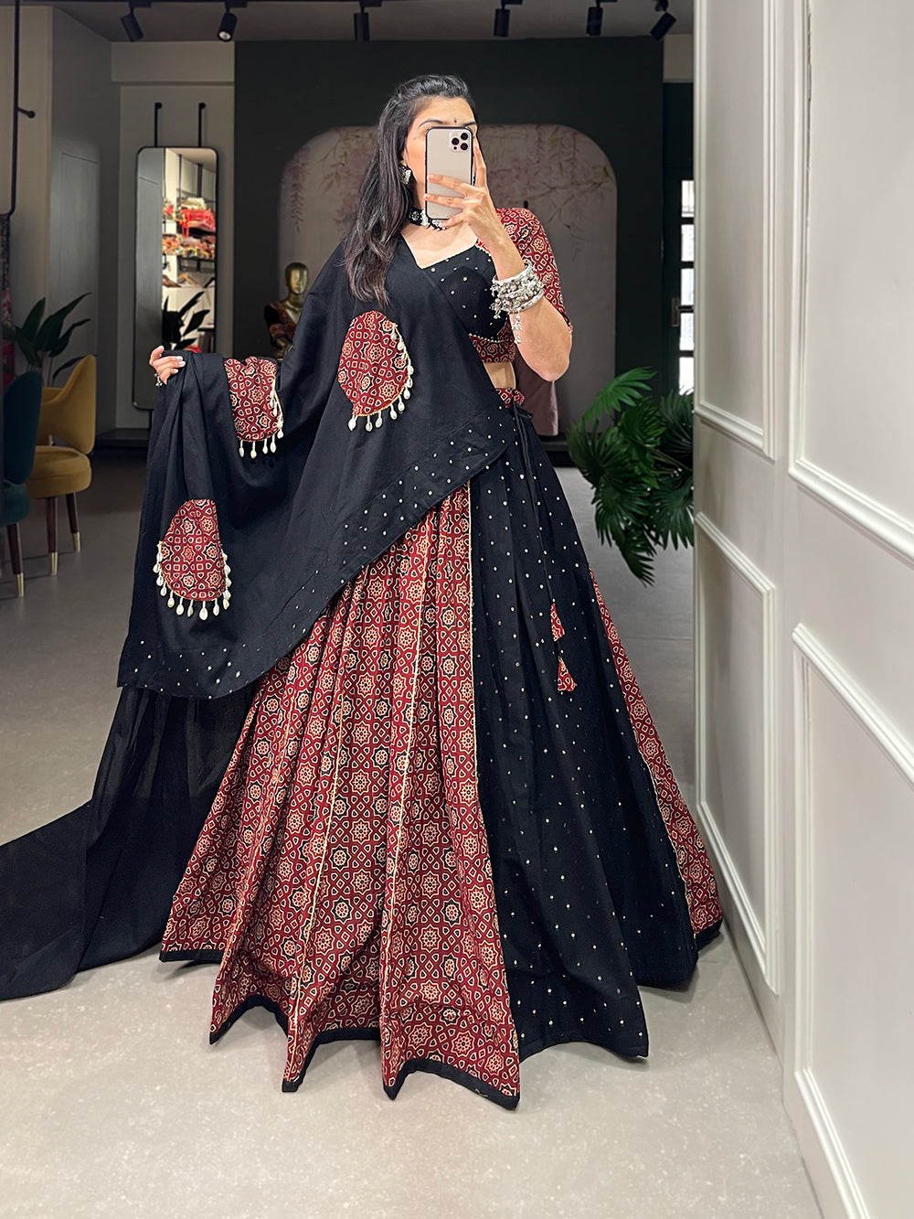 Black Color Pure Cotton With Printed With Gotta Patti Navratri Special Lehenga Choli Set