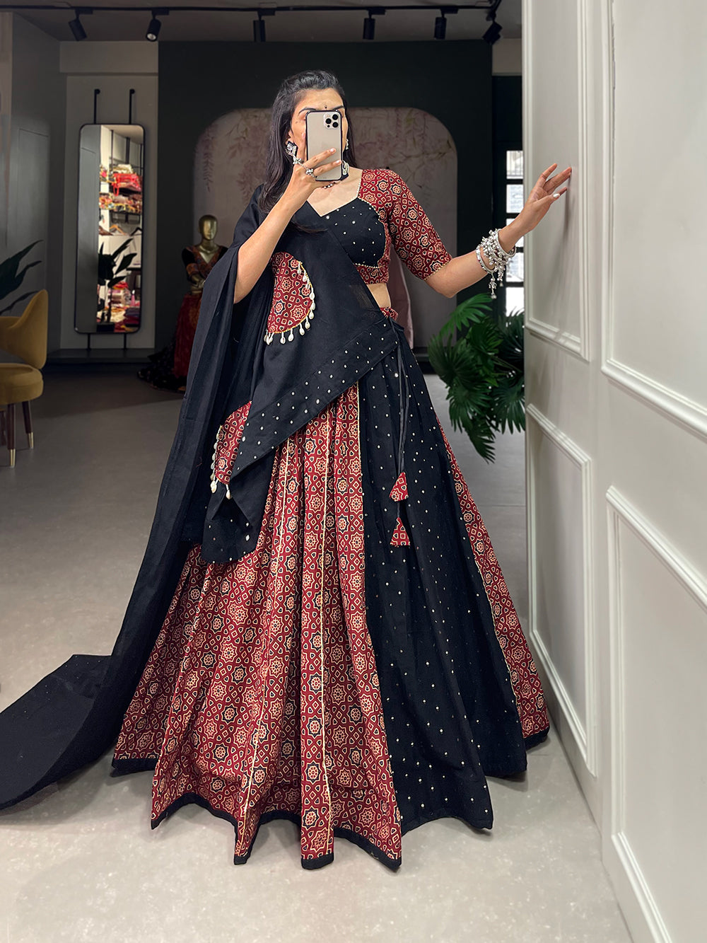 Black Color Pure Cotton With Printed With Gotta Patti Navratri Special Lehenga Choli Set