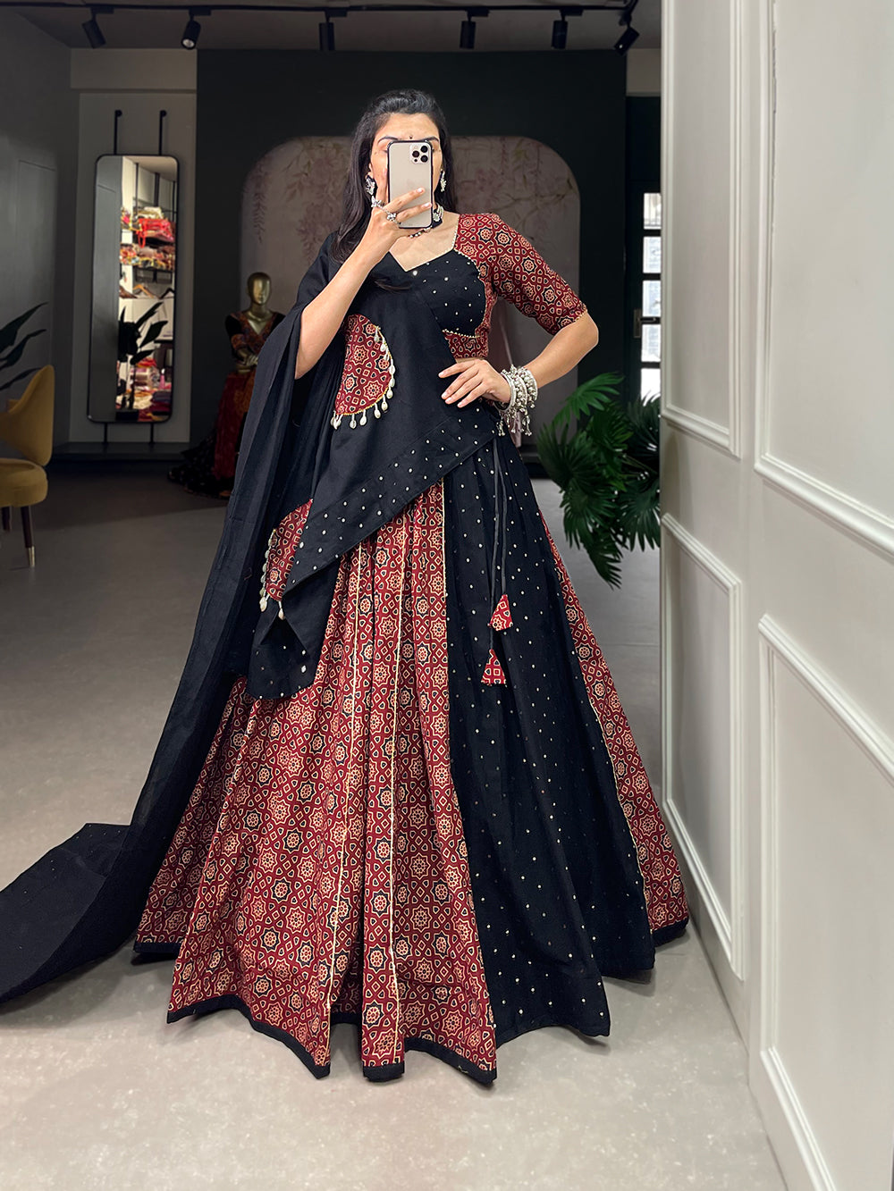 Black Color Pure Cotton With Printed With Gotta Patti Navratri Special Lehenga Choli Set