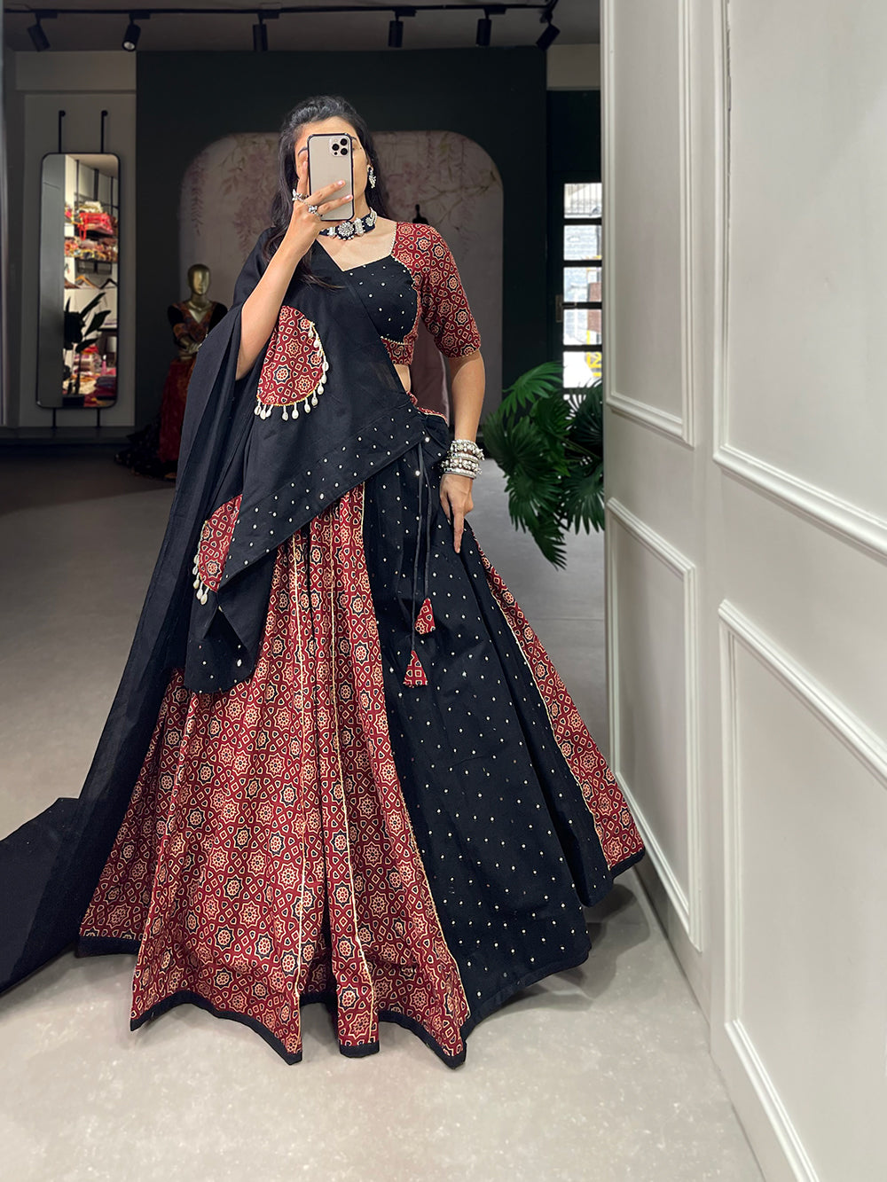 Black Color Pure Cotton With Printed With Gotta Patti Navratri Special Lehenga Choli Set