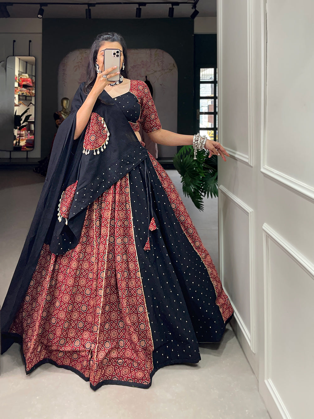 Black Color Pure Cotton With Printed With Gotta Patti Navratri Special Lehenga Choli Set