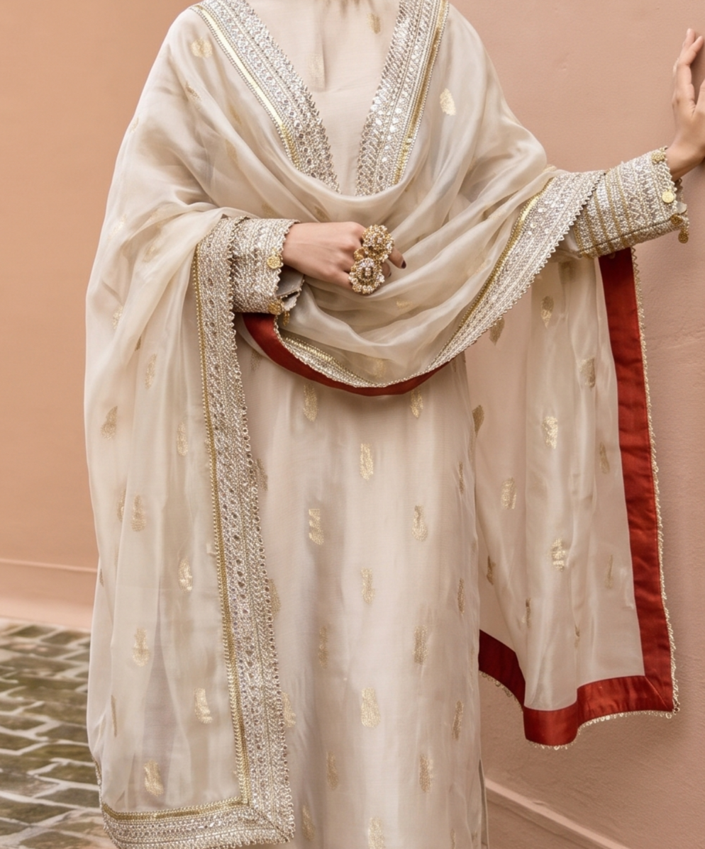 Ivory Gold Embroidered Straight Kurta Set with Dupatta for Women