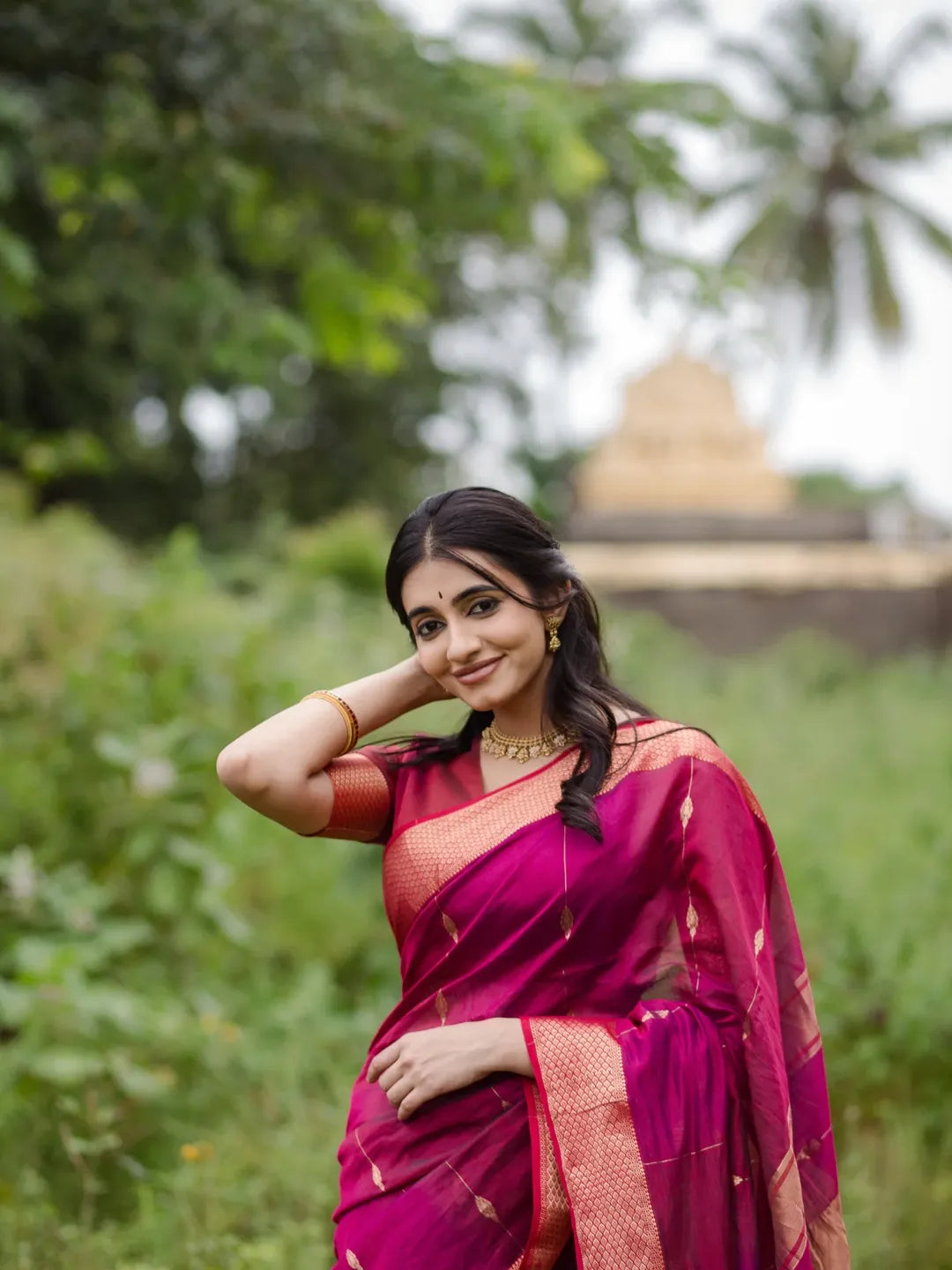 Women's Magenta Pink Silk Saree with Golden Zari Border